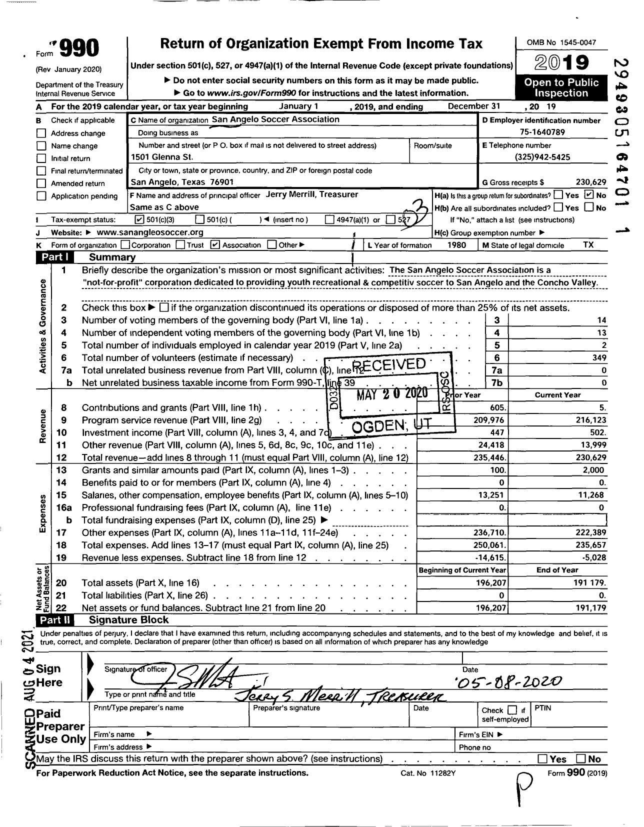 Image of first page of 2019 Form 990 for San Angelo Soccer Association