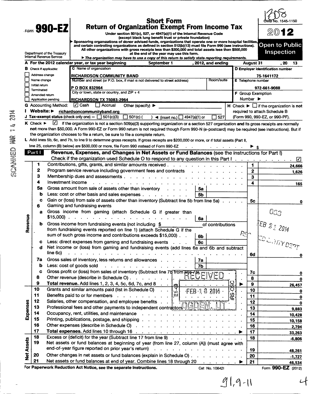 Image of first page of 2012 Form 990EO for Richardson Community Band