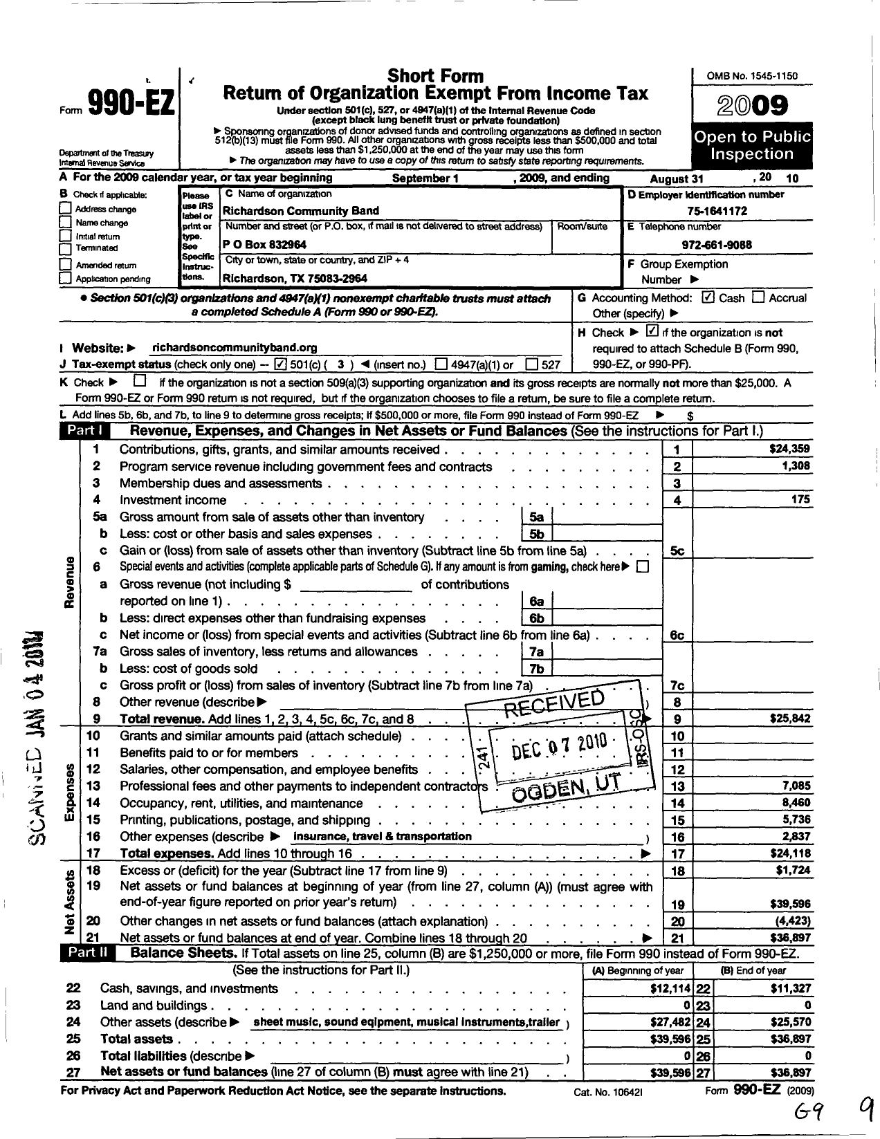 Image of first page of 2009 Form 990EZ for Richardson Community Band