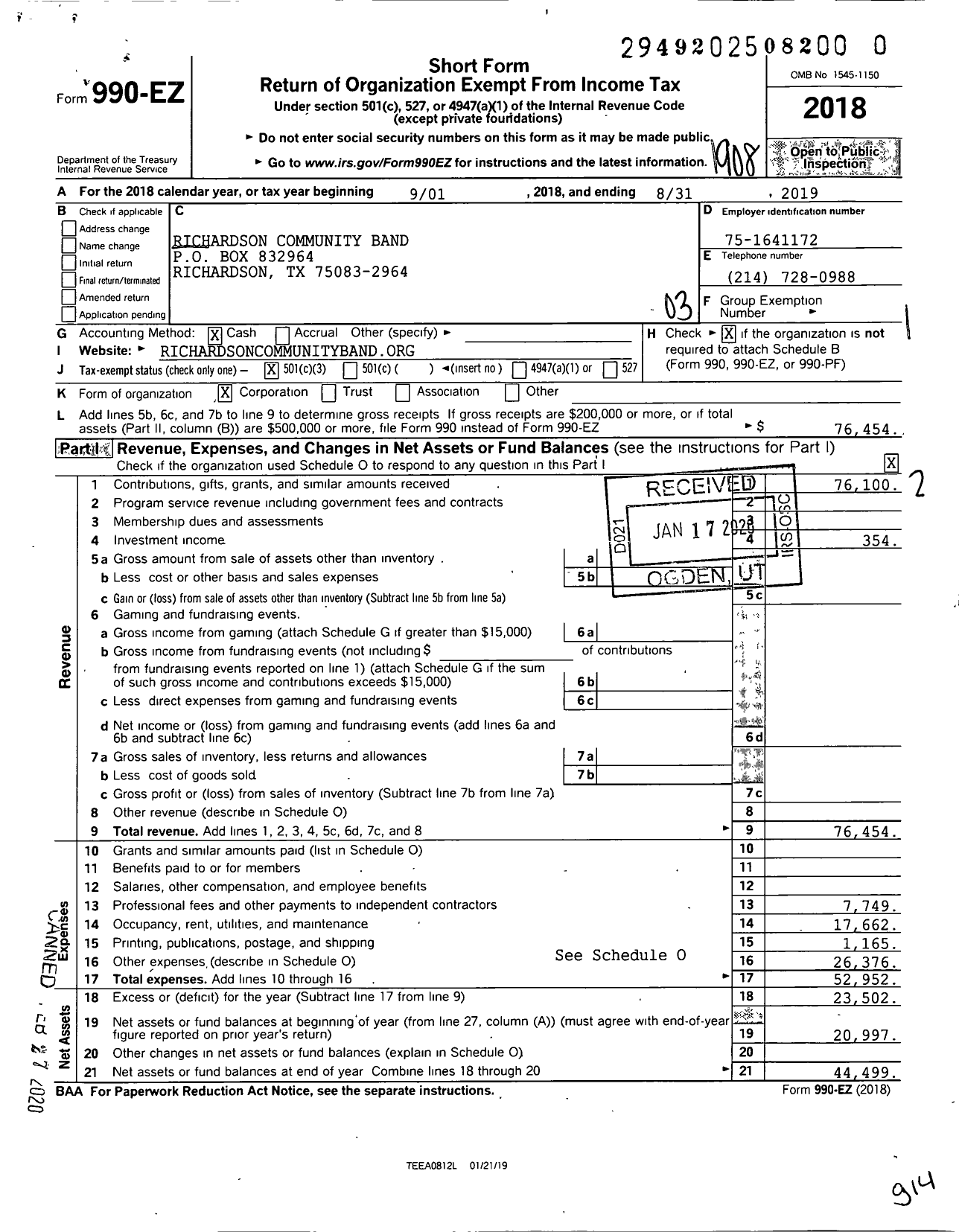 Image of first page of 2018 Form 990EZ for Richardson Community Band