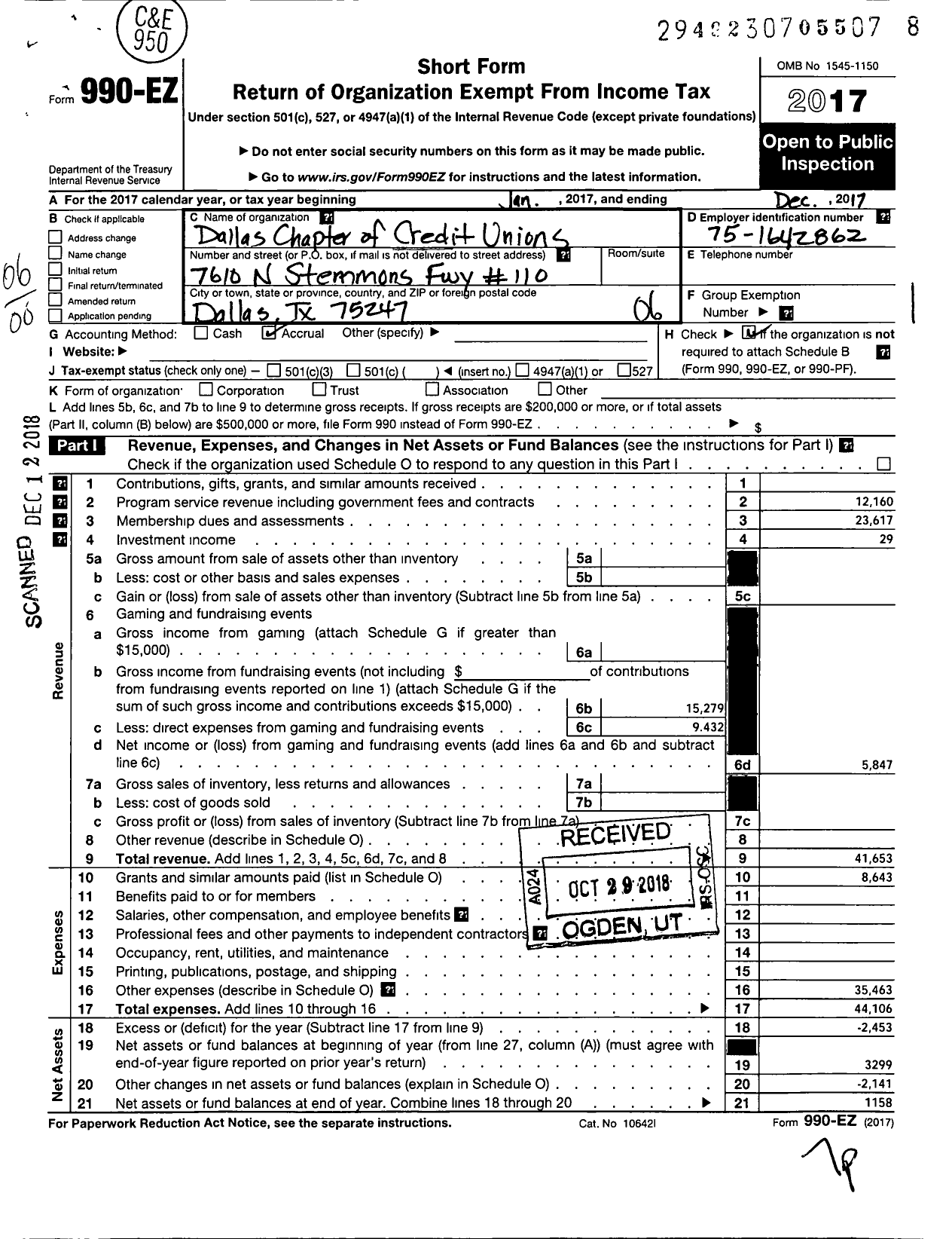 Image of first page of 2017 Form 990EO for Dallas Chapter of Credit Unions