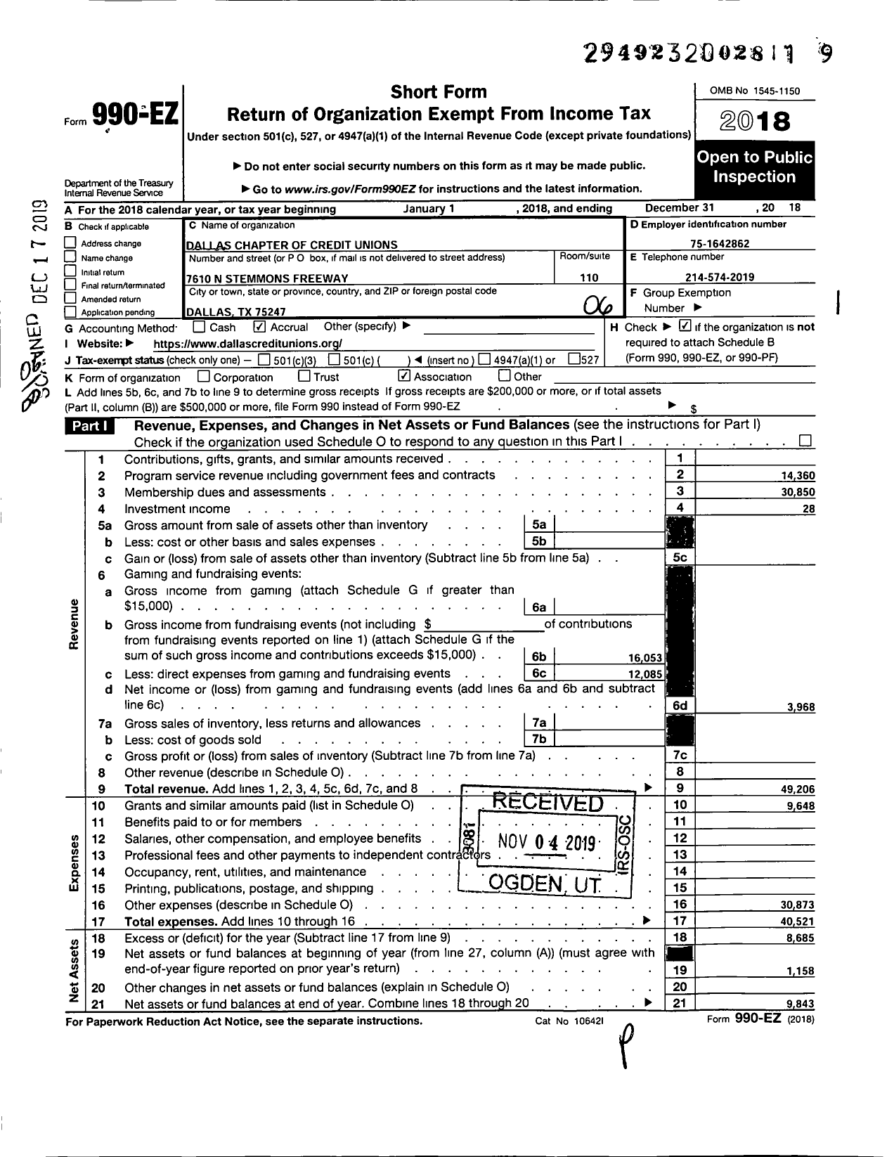 Image of first page of 2018 Form 990EO for Dallas Chapter of Credit Unions