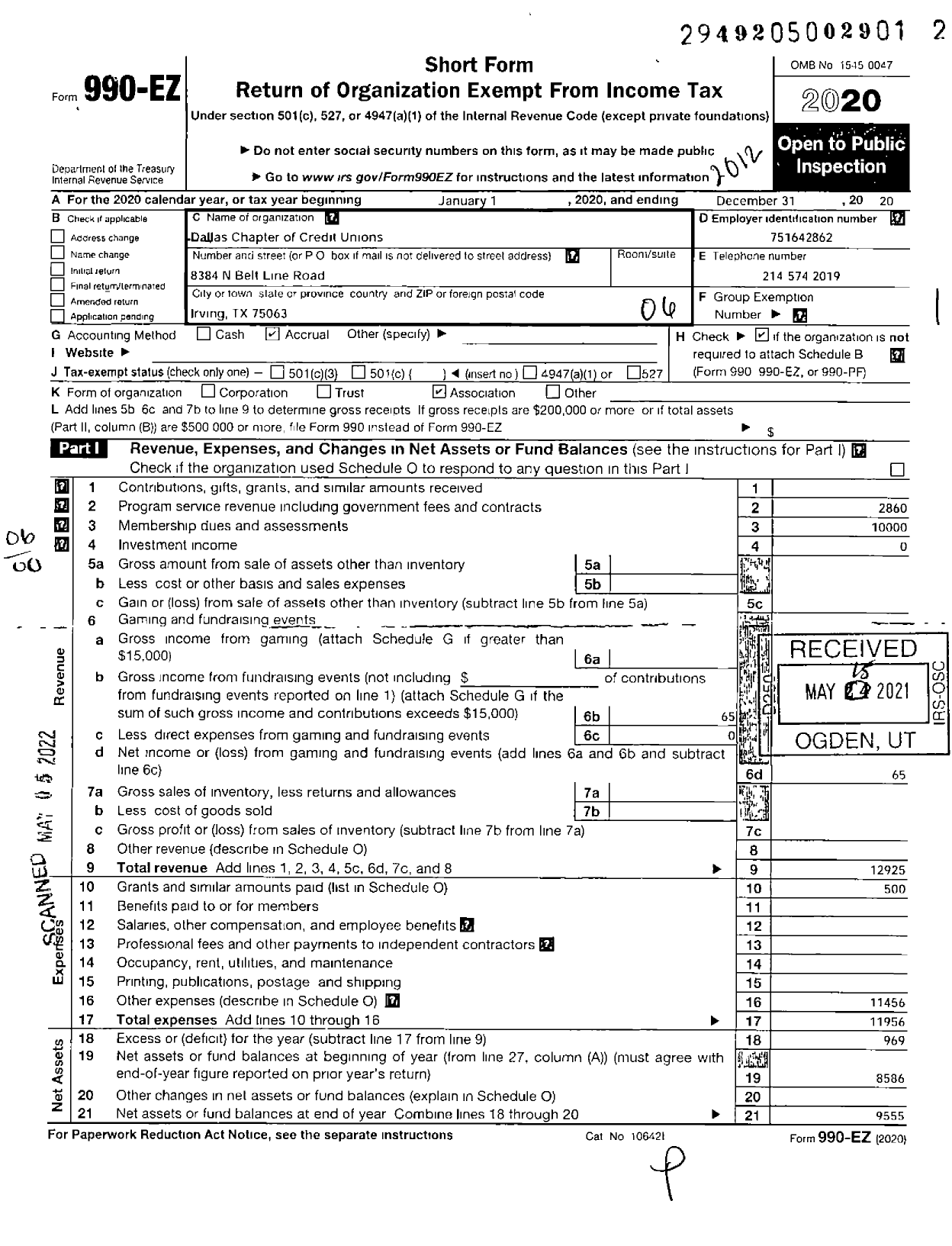 Image of first page of 2020 Form 990EO for Dallas Chapter of Credit Unions