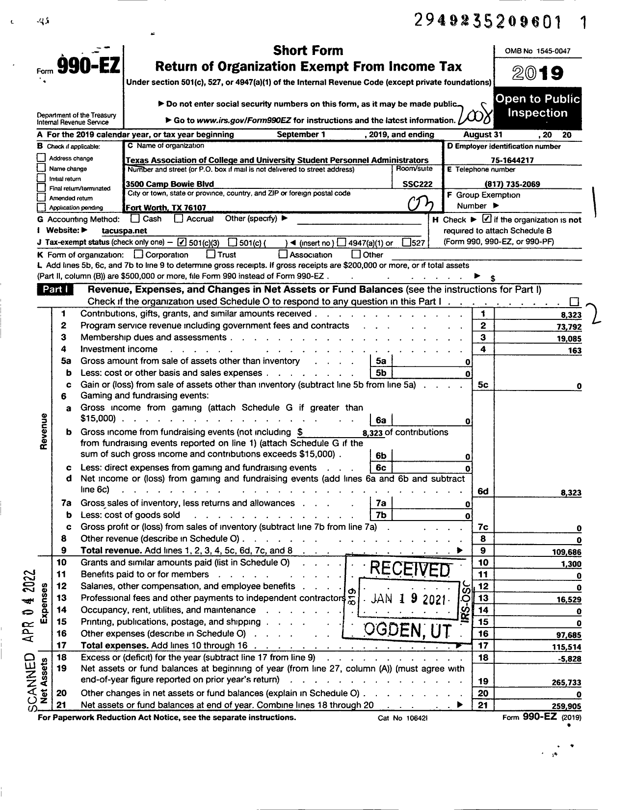 Image of first page of 2019 Form 990EZ for Texas Association of College and University Student Personnel Admin