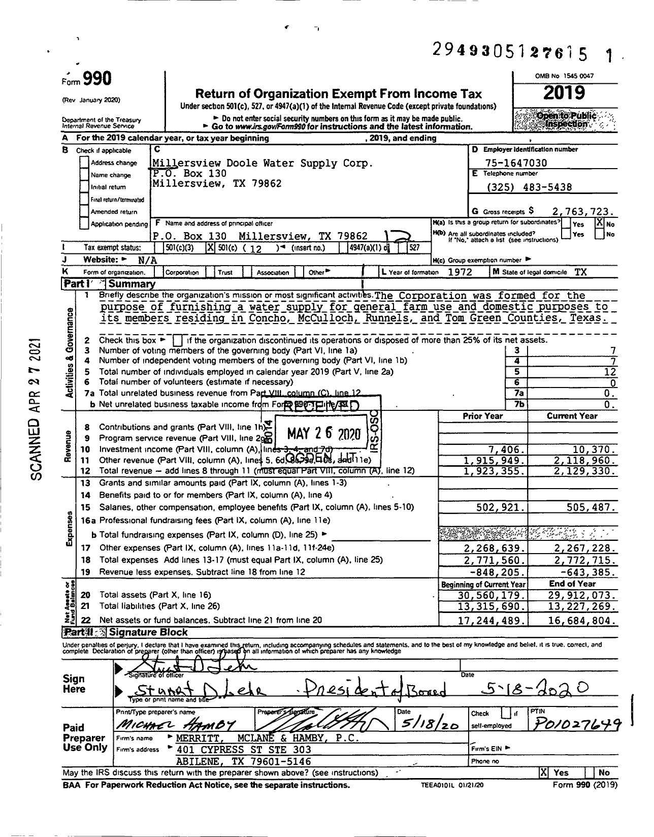 Image of first page of 2019 Form 990O for Millersview-Doole Water Supply Corporation