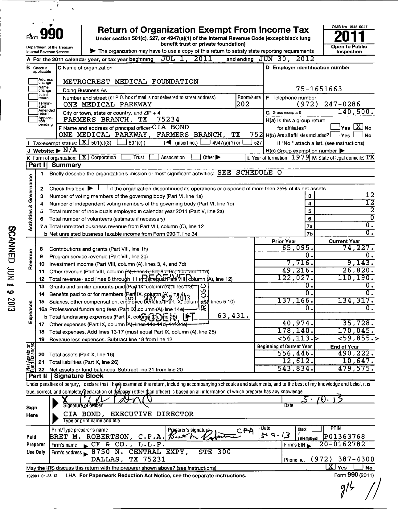 Image of first page of 2011 Form 990 for Metrocrest Medical Foundation