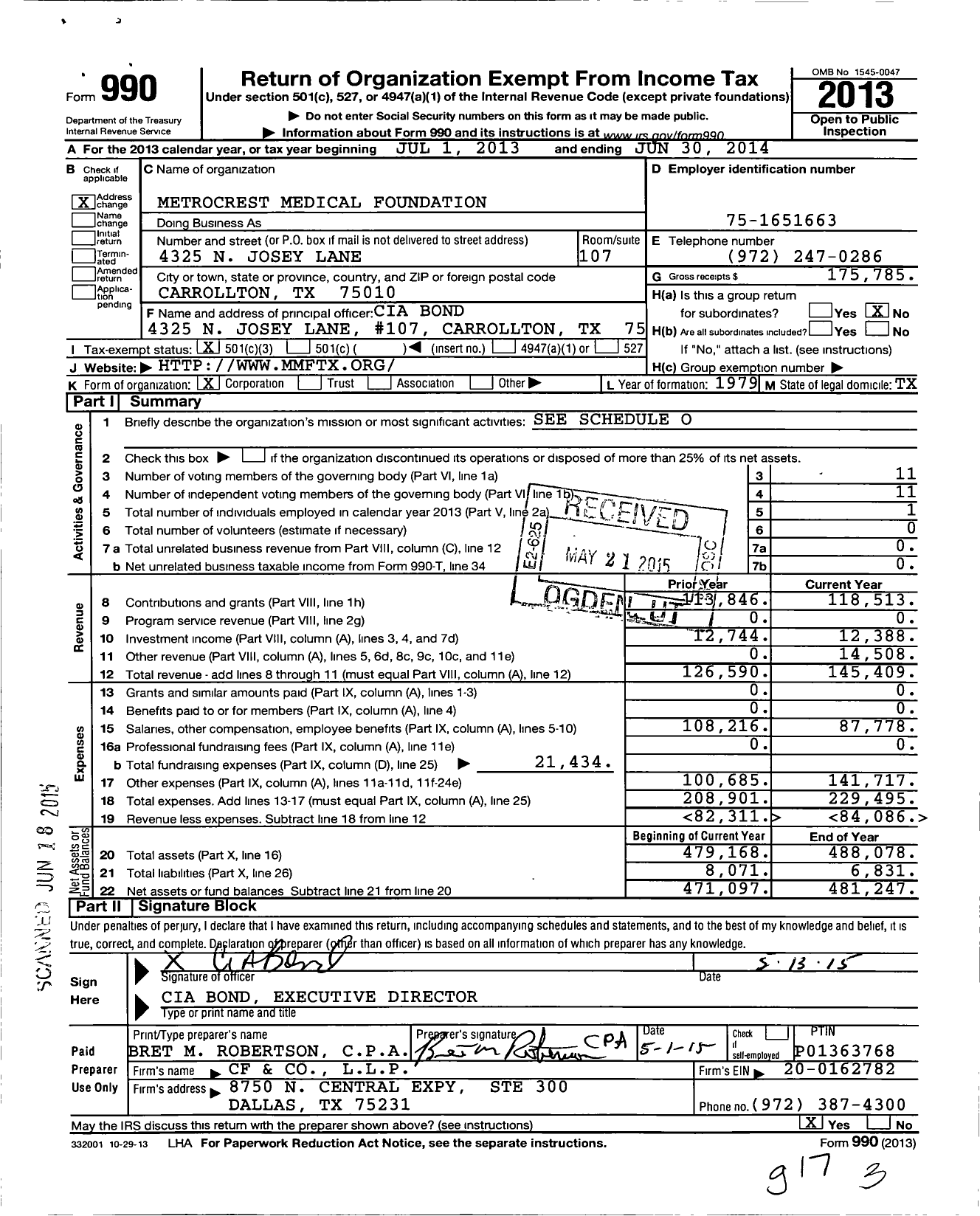 Image of first page of 2013 Form 990 for Metrocrest Medical Foundation