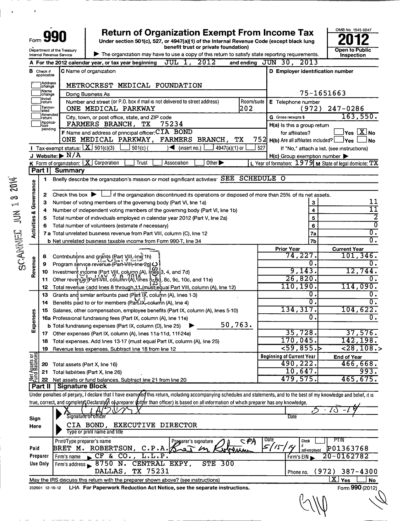 Image of first page of 2012 Form 990 for Metrocrest Medical Foundation