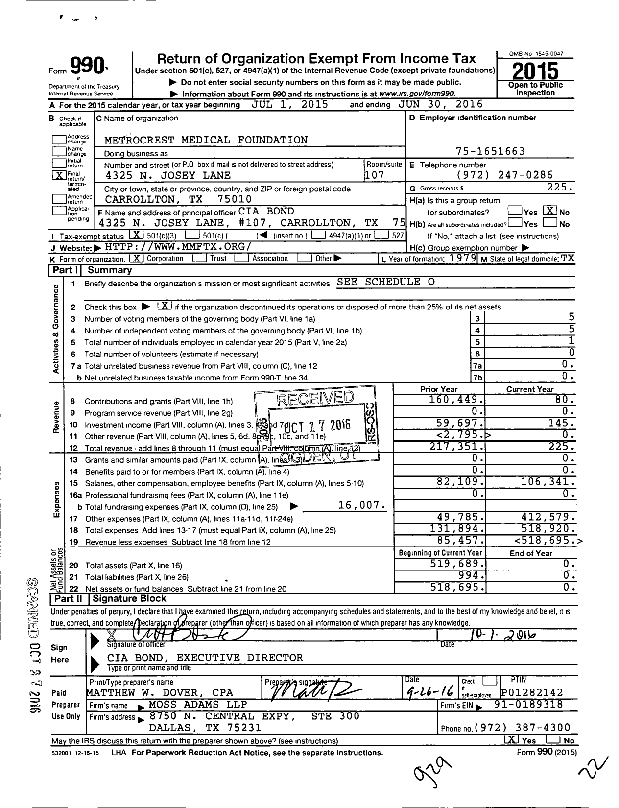 Image of first page of 2015 Form 990 for Metrocrest Medical Foundation