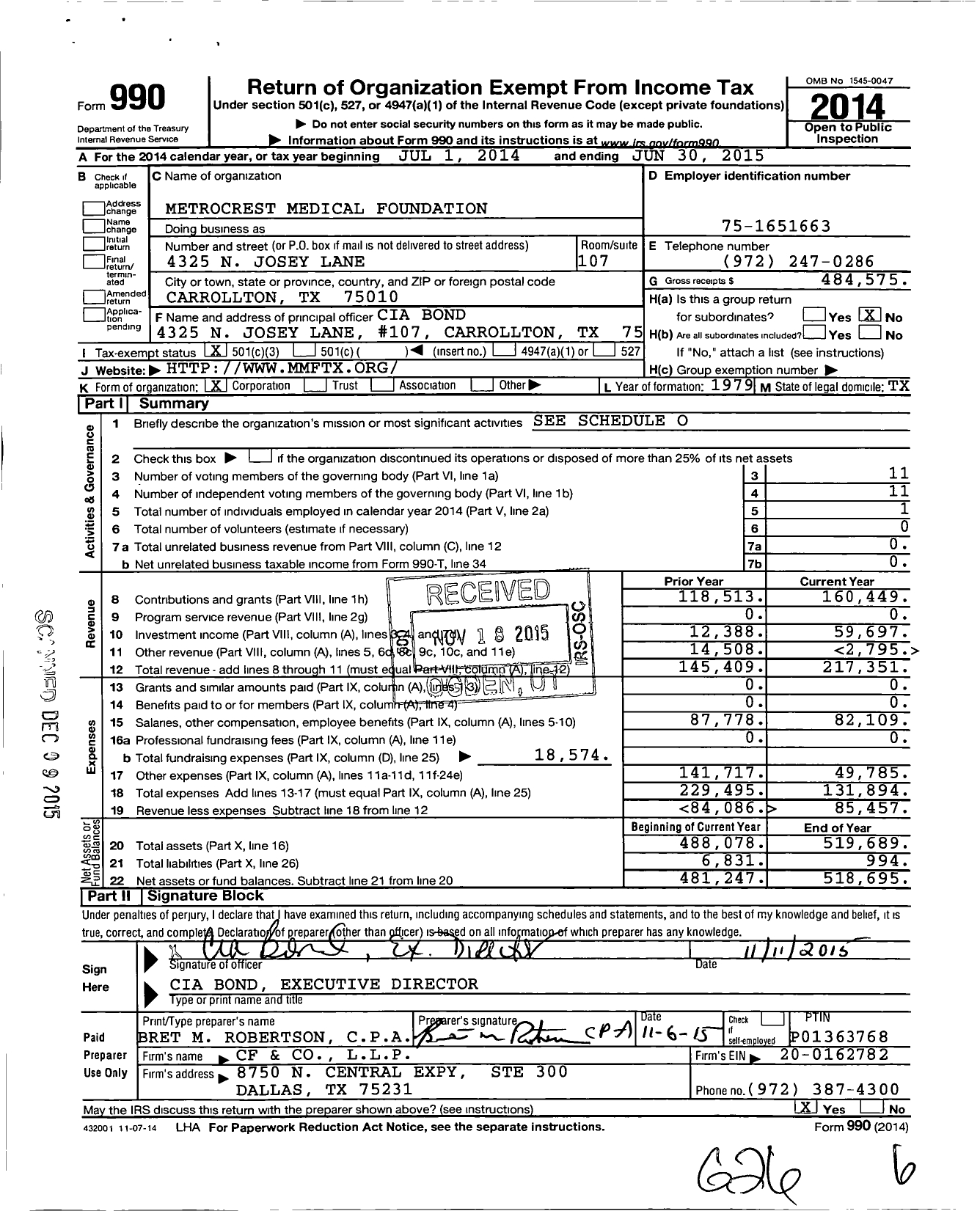Image of first page of 2014 Form 990 for Metrocrest Medical Foundation