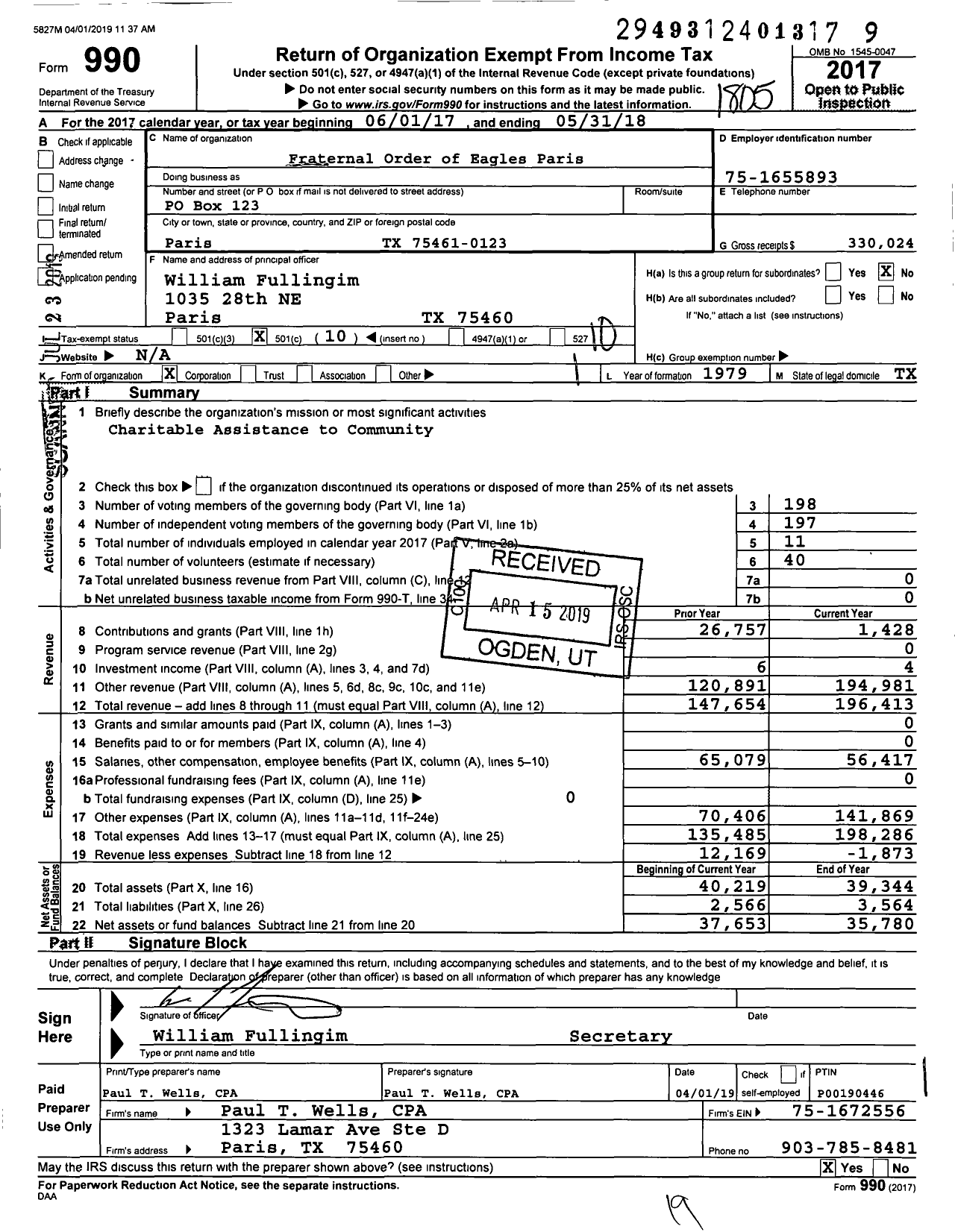 Image of first page of 2017 Form 990O for Fraternal Order of Eagles - 3864 Aerie