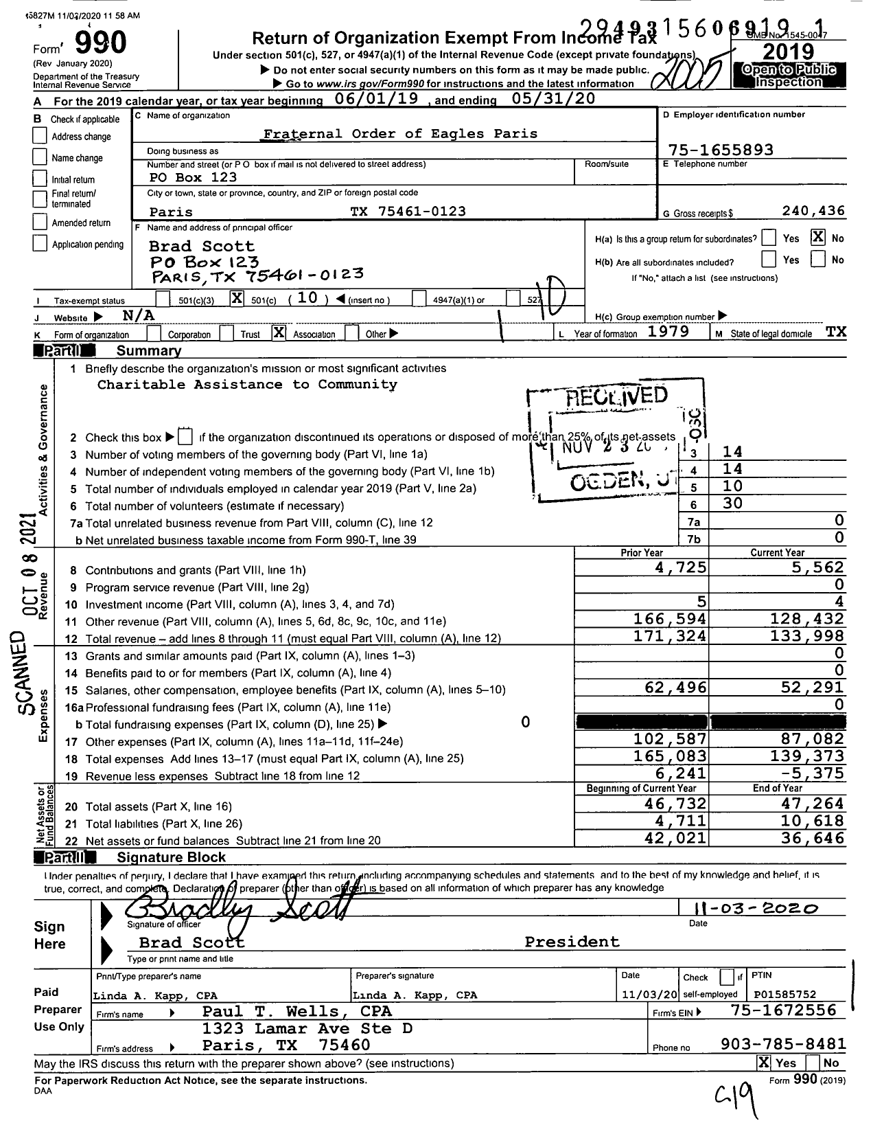 Image of first page of 2019 Form 990O for Fraternal Order of Eagles - 3864 Aerie