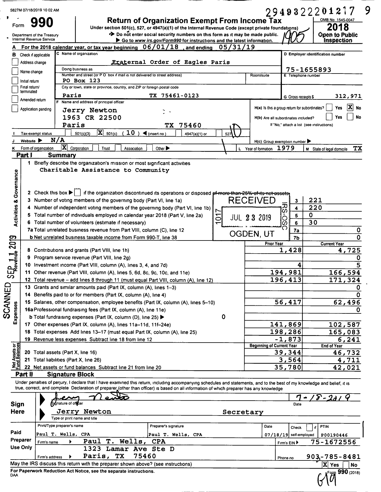 Image of first page of 2018 Form 990O for Fraternal Order of Eagles - 3864 Aerie