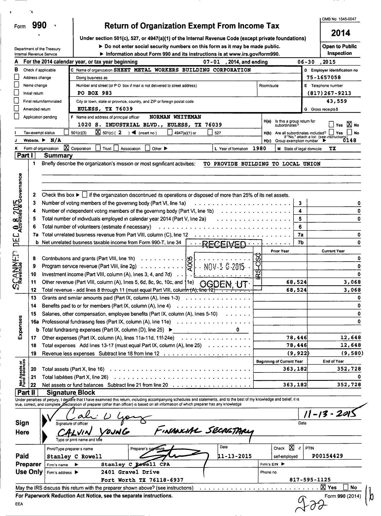 Image of first page of 2014 Form 990O for Sheet Metal Workers Building Corporation