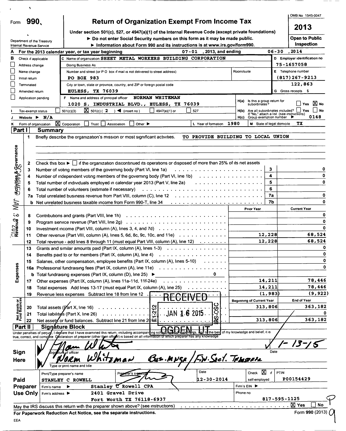 Image of first page of 2013 Form 990O for Sheet Metal Workers Building Corporation