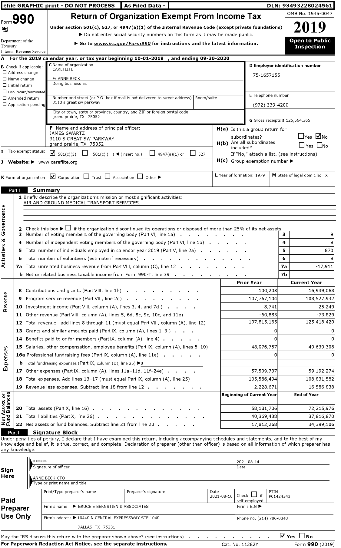 Image of first page of 2019 Form 990 for CareFlite