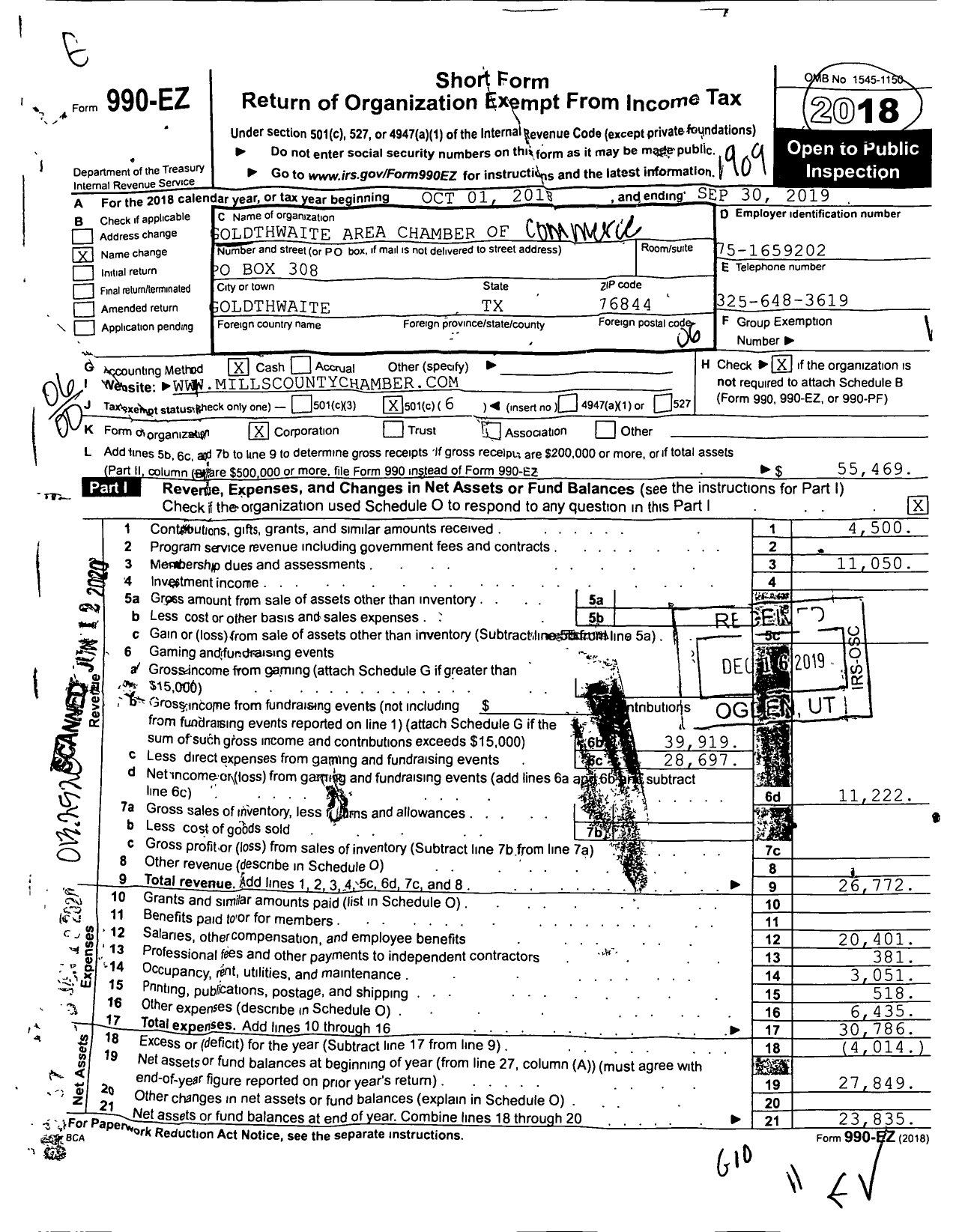 Image of first page of 2018 Form 990EO for Goldthwaite Area Chamber of Commerce and Agriculture