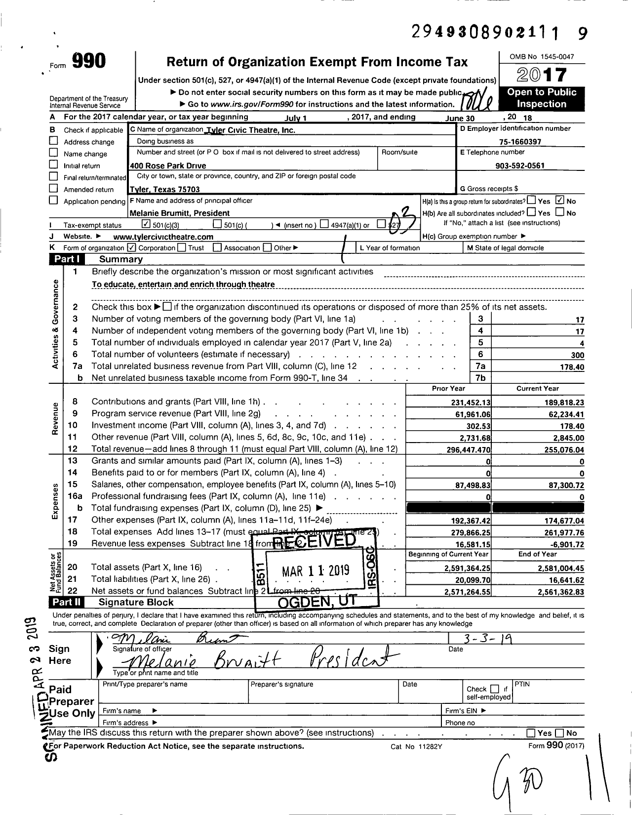 Image of first page of 2017 Form 990 for Tyler Civic Theatre