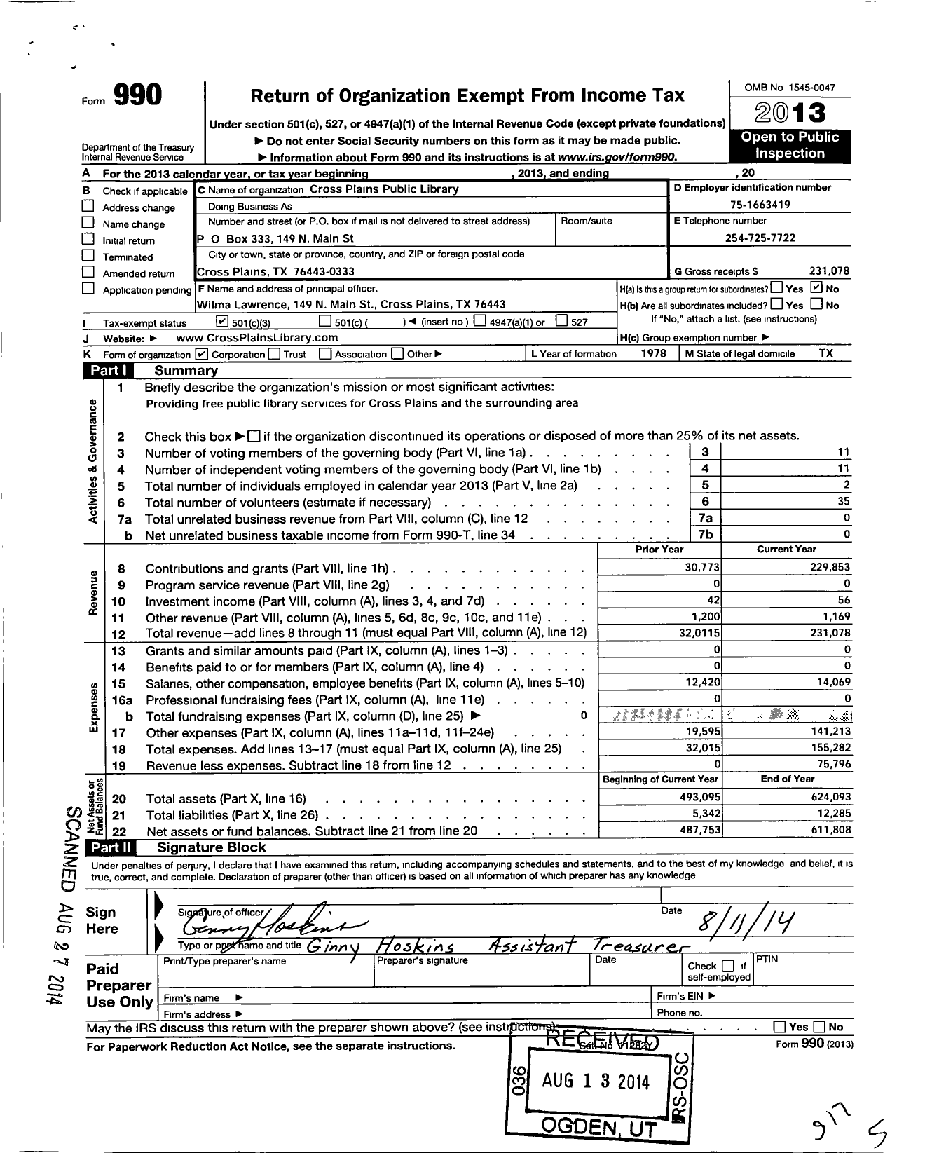 Image of first page of 2013 Form 990 for Cross Plains Public Library