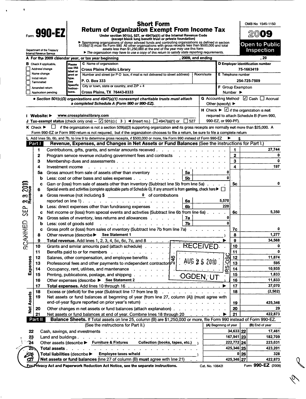 Image of first page of 2009 Form 990EZ for Cross Plains Public Library