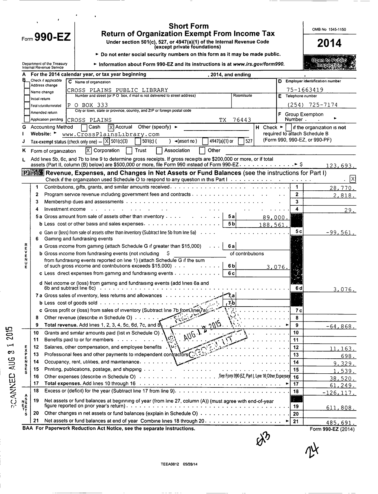 Image of first page of 2014 Form 990EZ for Cross Plains Public Library