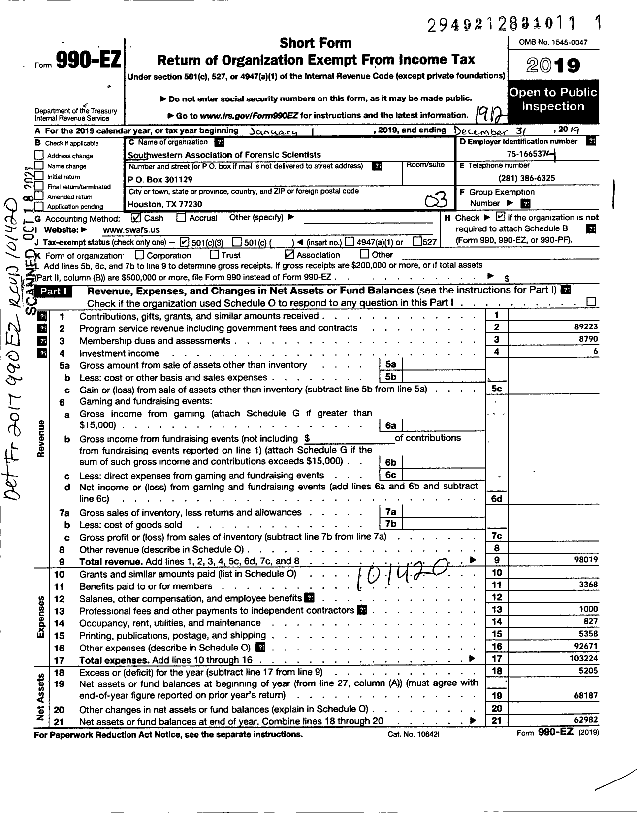 Image of first page of 2019 Form 990EZ for Southwestern Association of Forensic Scientists