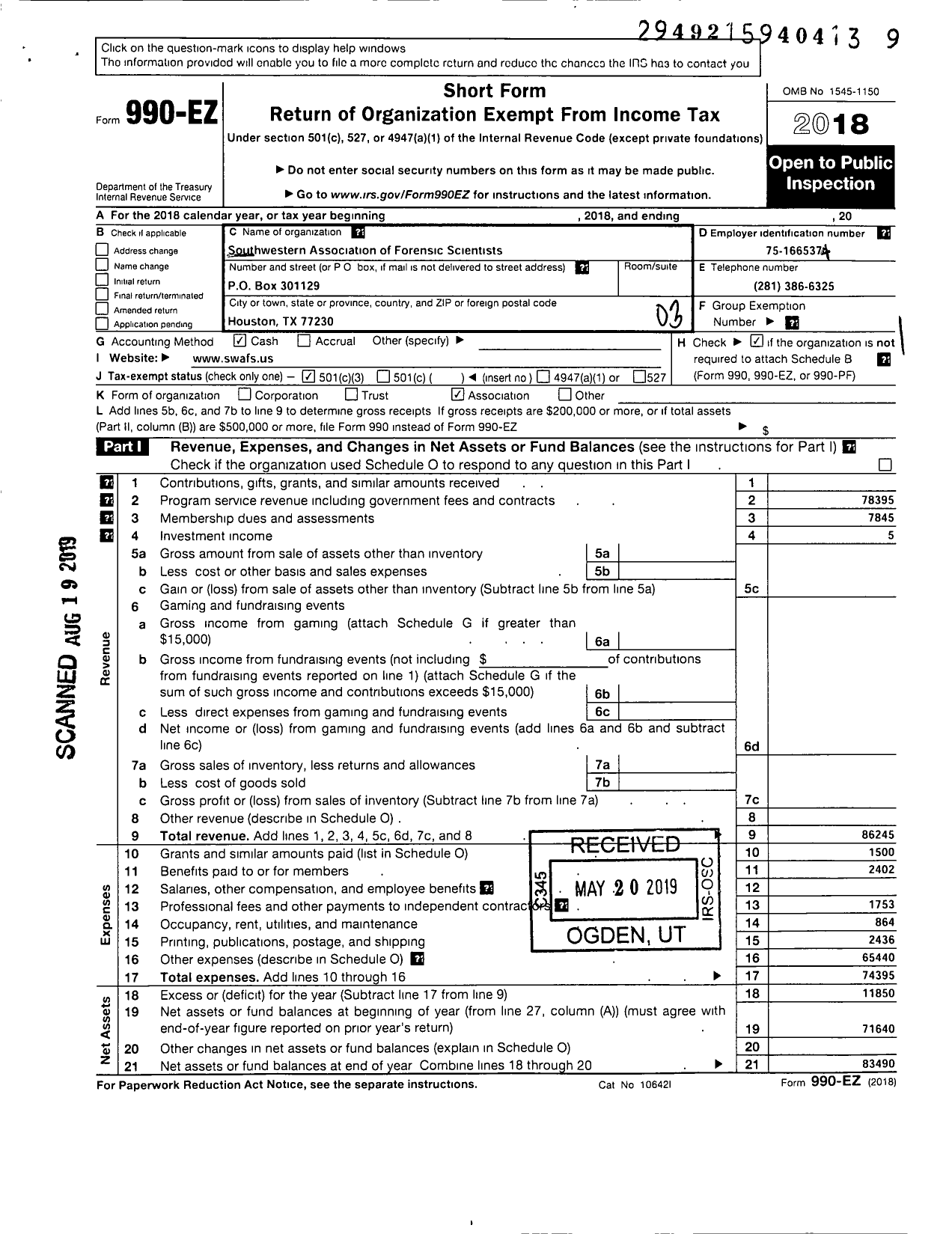 Image of first page of 2018 Form 990EZ for Southwestern Association of Forensic Scientists