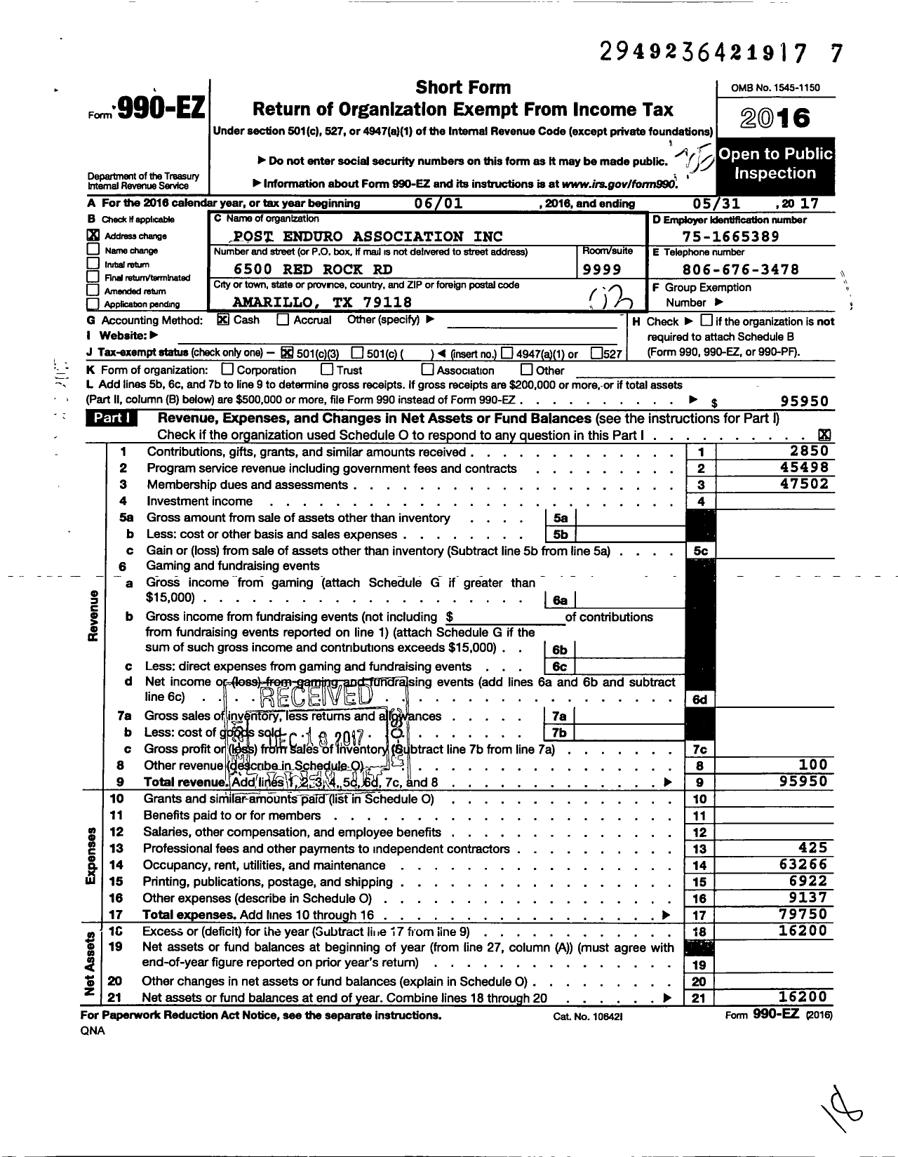 Image of first page of 2016 Form 990EZ for Post Enduro Association