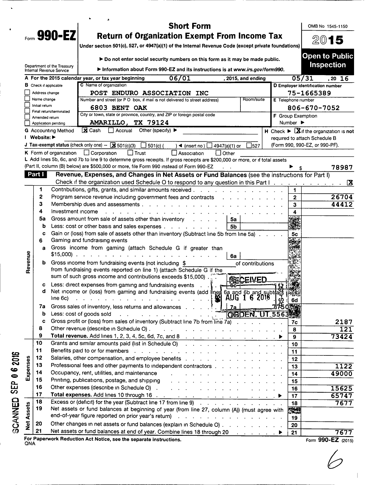 Image of first page of 2015 Form 990EZ for Post Enduro Association