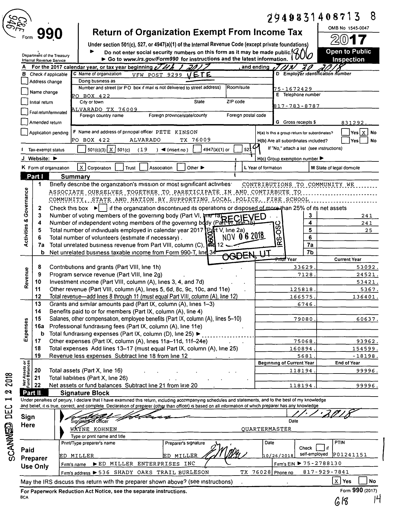 Image of first page of 2017 Form 990O for Texas VFW - 9299 Hershall L Miller Memorial