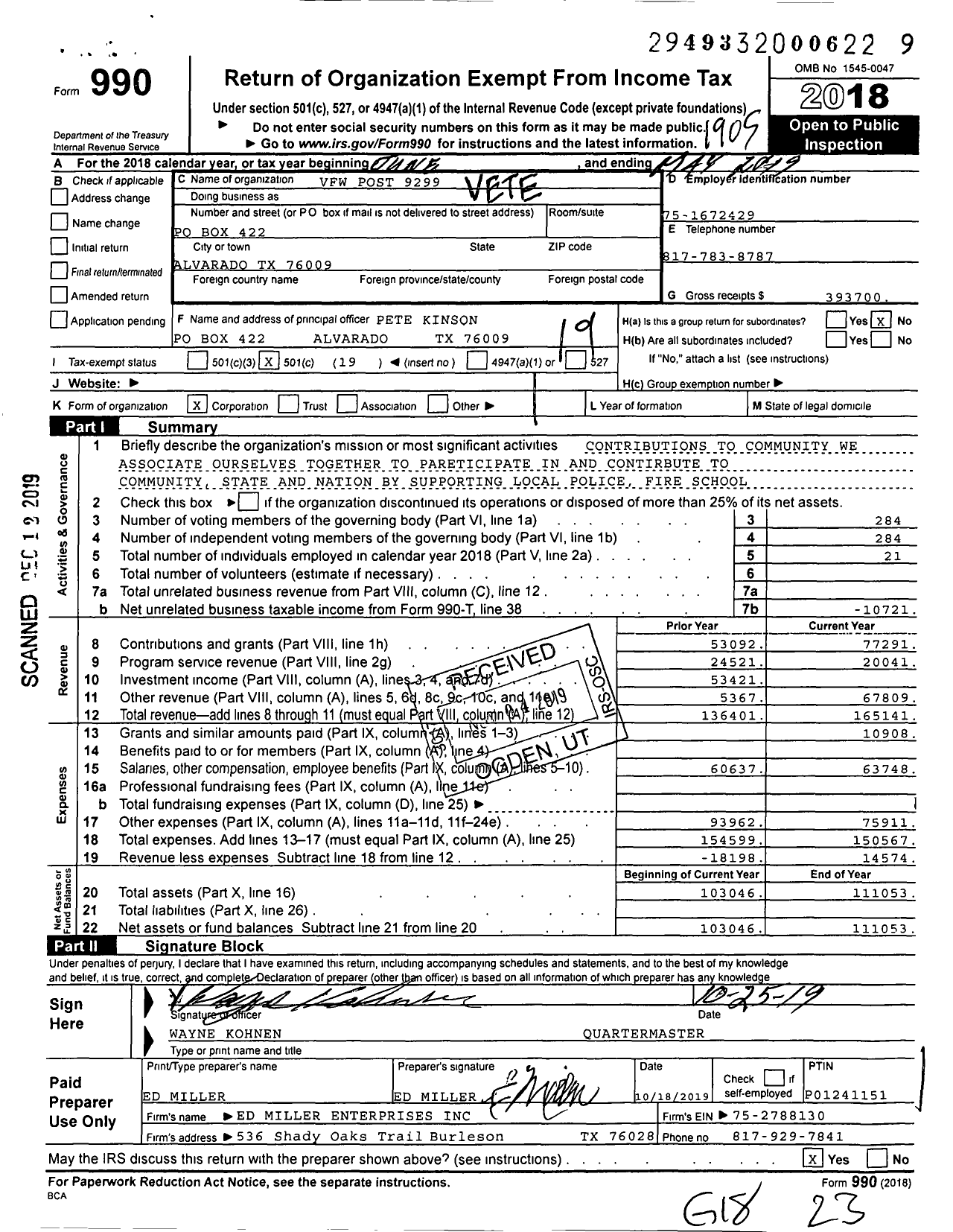 Image of first page of 2018 Form 990O for Texas VFW - 9299 Hershall L Miller Memorial