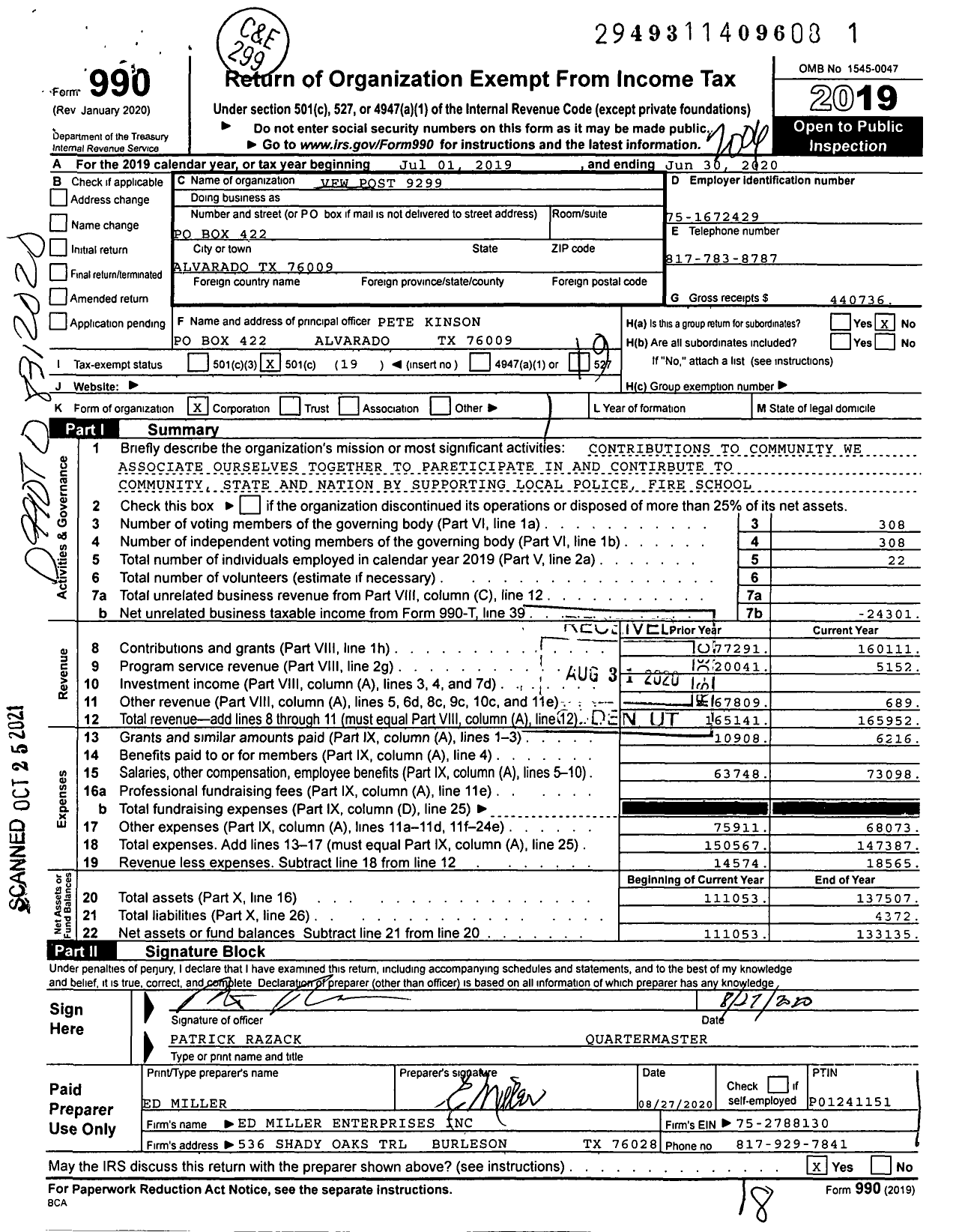 Image of first page of 2019 Form 990O for Texas VFW - 9299 Hershall L Miller Memorial