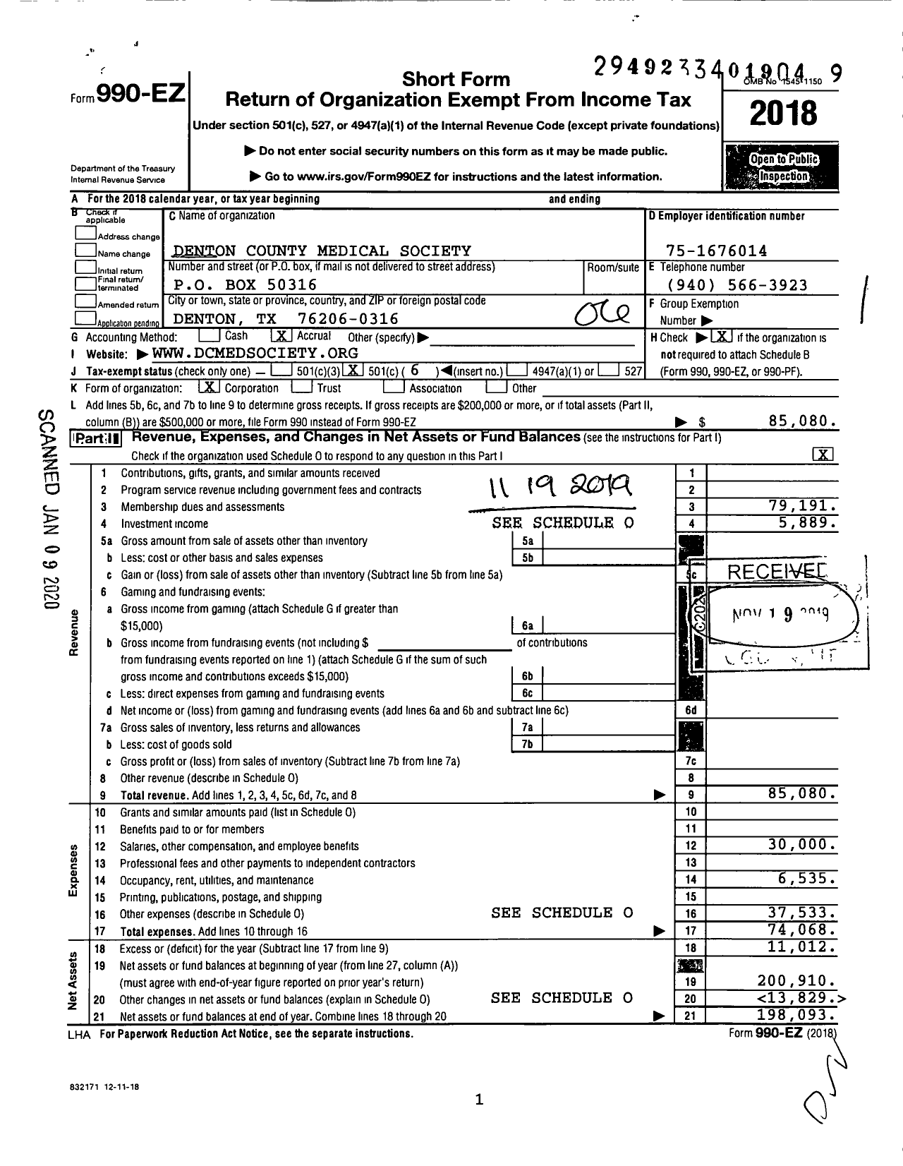 Image of first page of 2018 Form 990EO for Denton County Medical Society