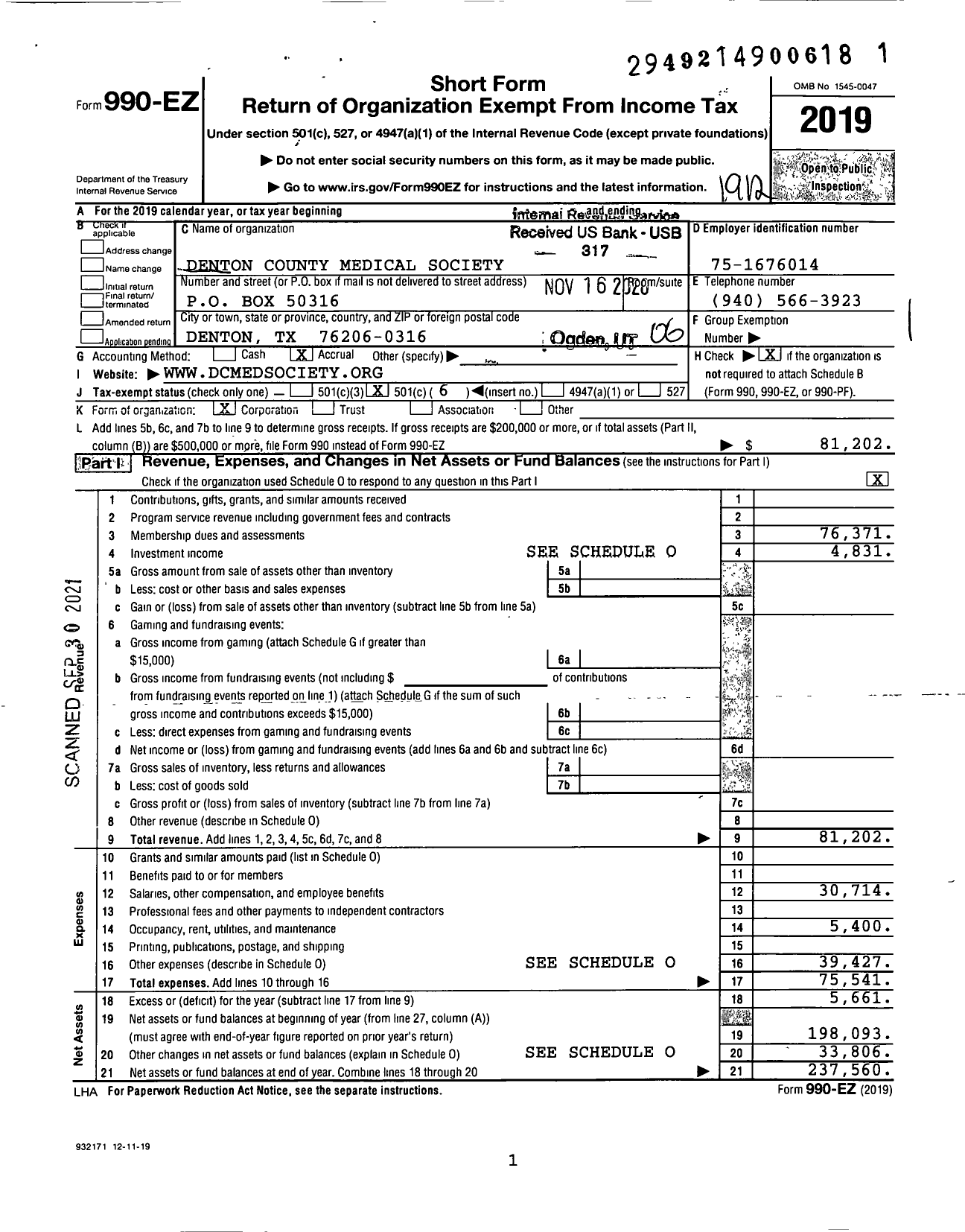 Image of first page of 2019 Form 990EO for Denton County Medical Society