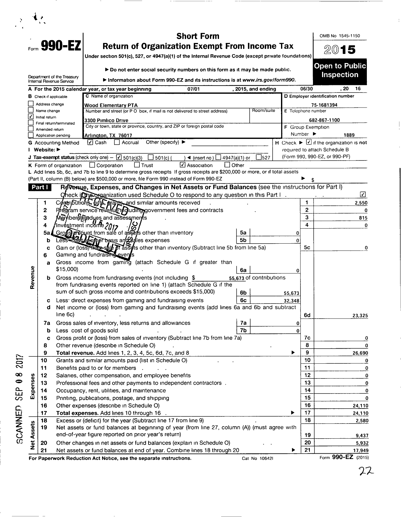 Image of first page of 2015 Form 990EZ for Texas PTA - 557 Wood Elementary PTA