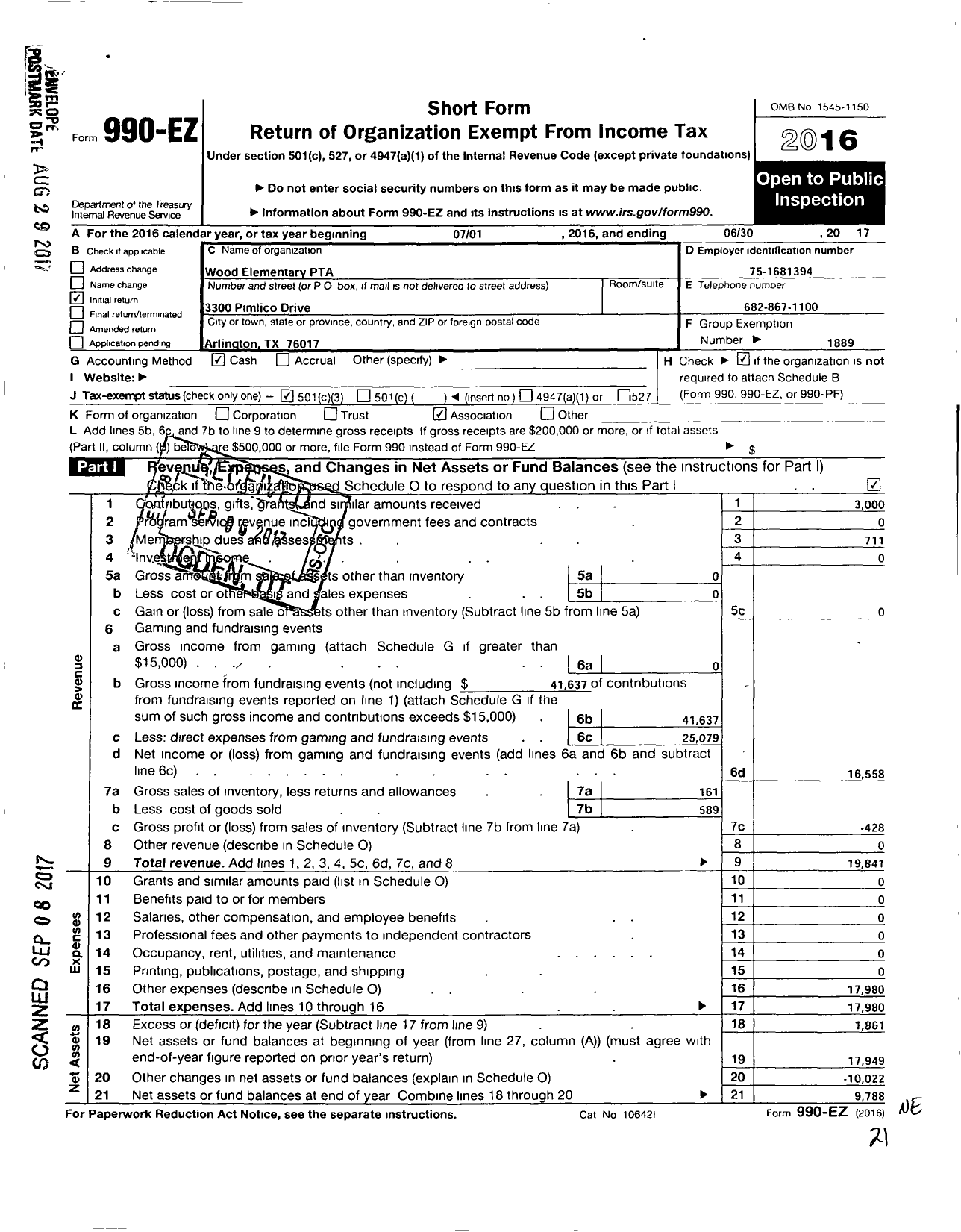 Image of first page of 2016 Form 990EZ for Texas PTA - 557 Wood Elementary PTA