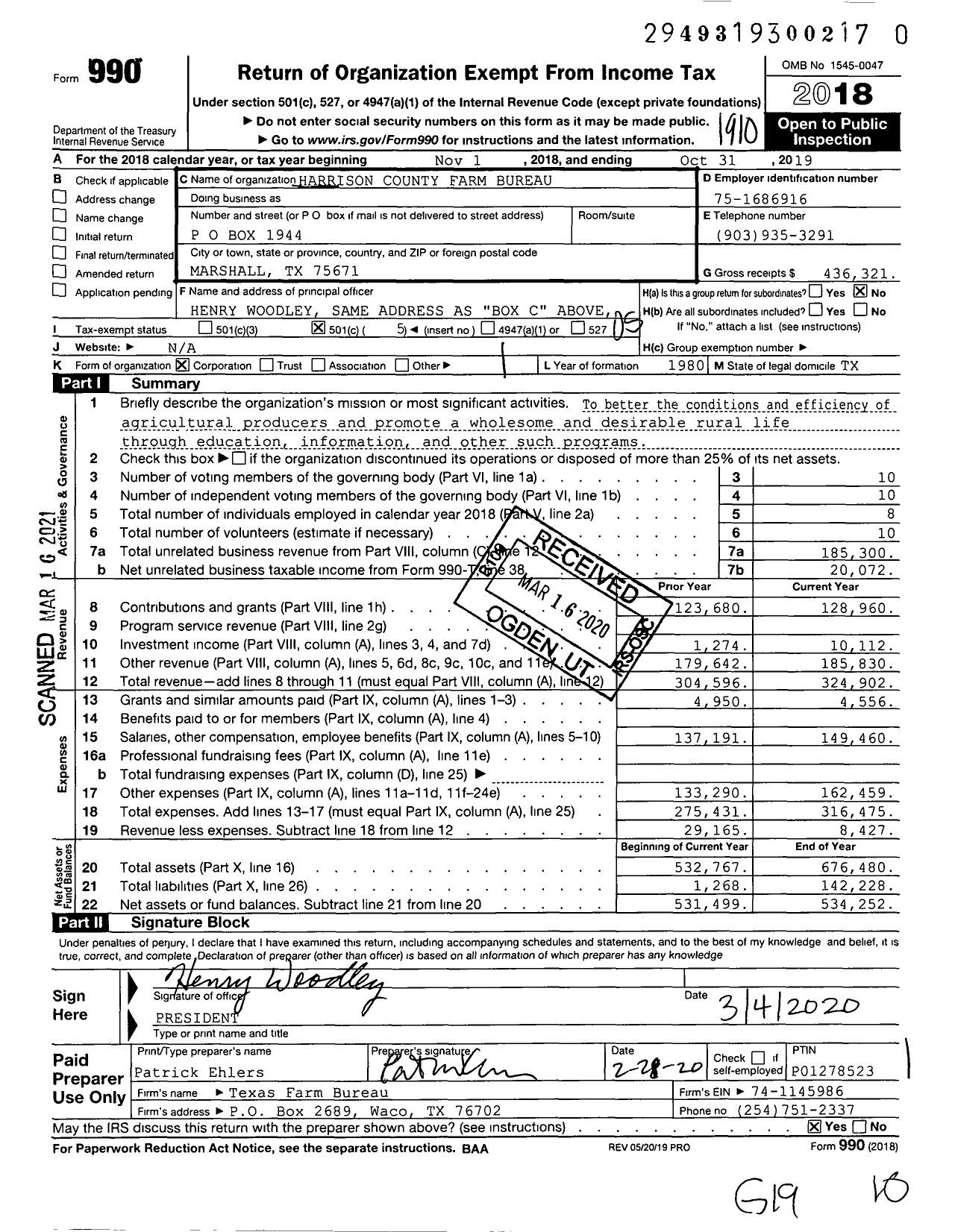 Image of first page of 2018 Form 990O for Harrison County Farm Bureau