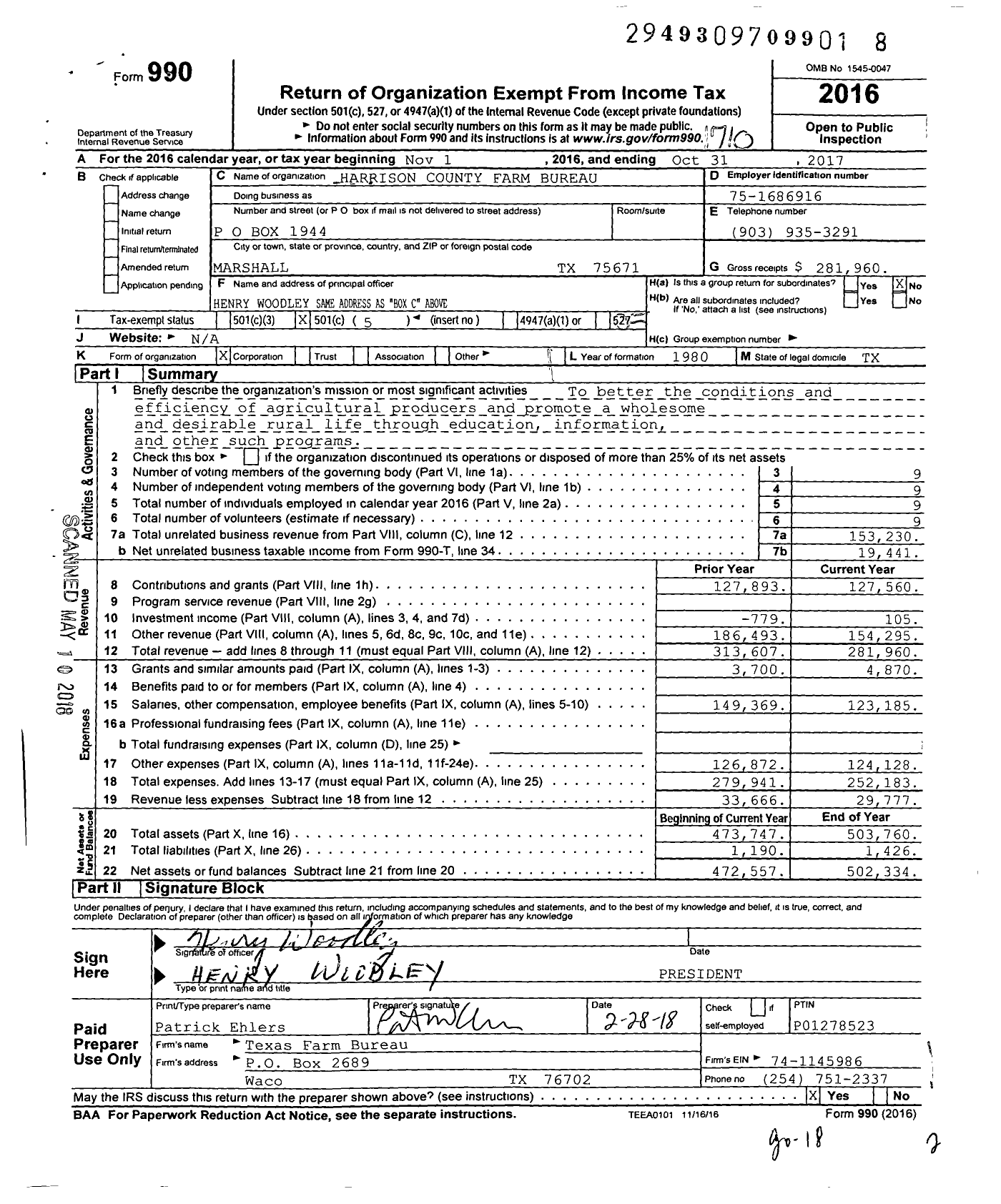 Image of first page of 2016 Form 990O for Harrison County Farm Bureau