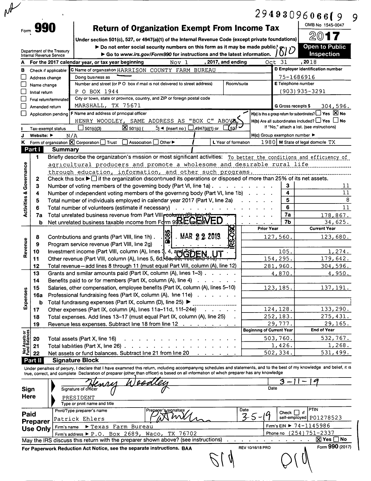 Image of first page of 2017 Form 990O for Harrison County Farm Bureau