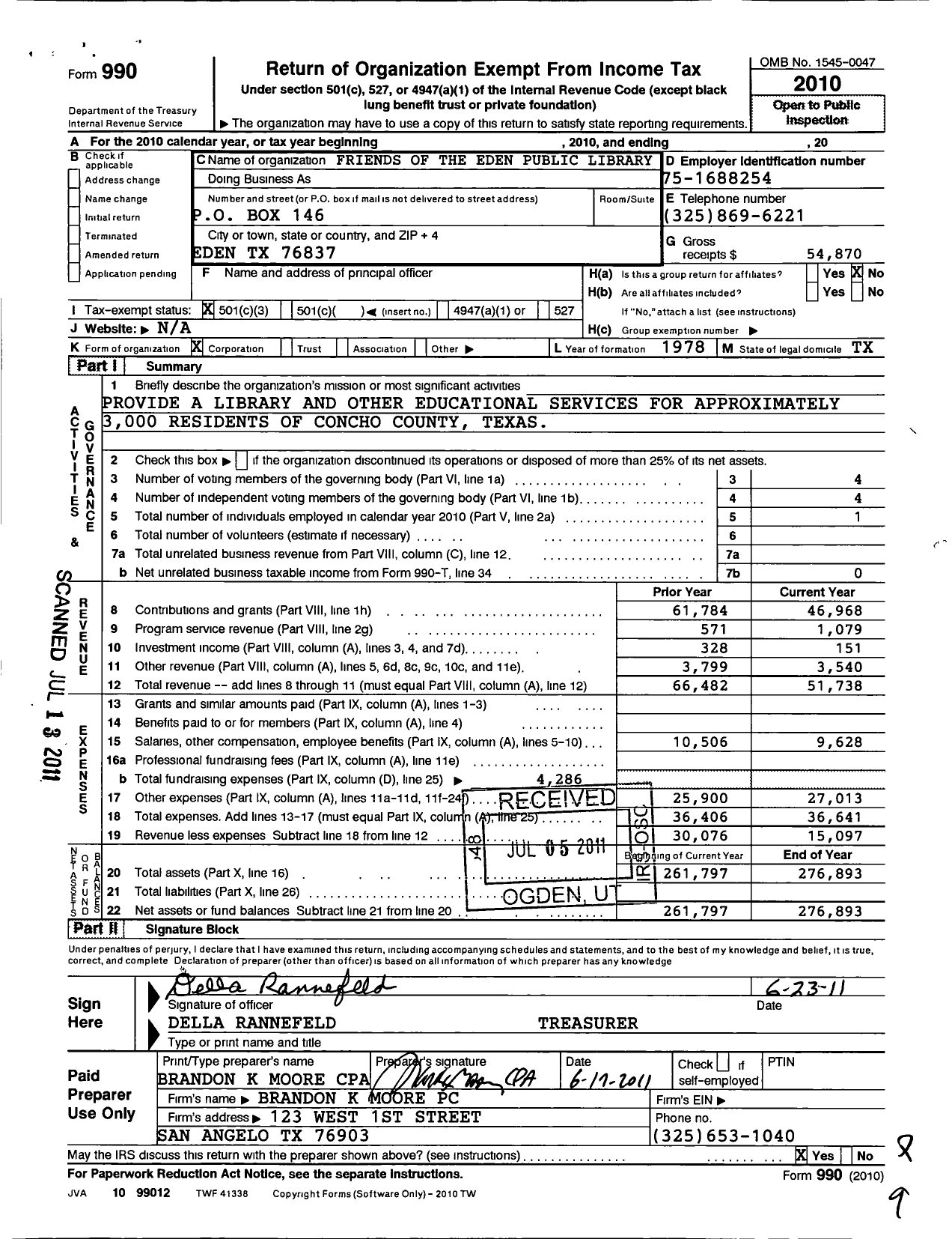 Image of first page of 2010 Form 990 for Friends of Eden Library