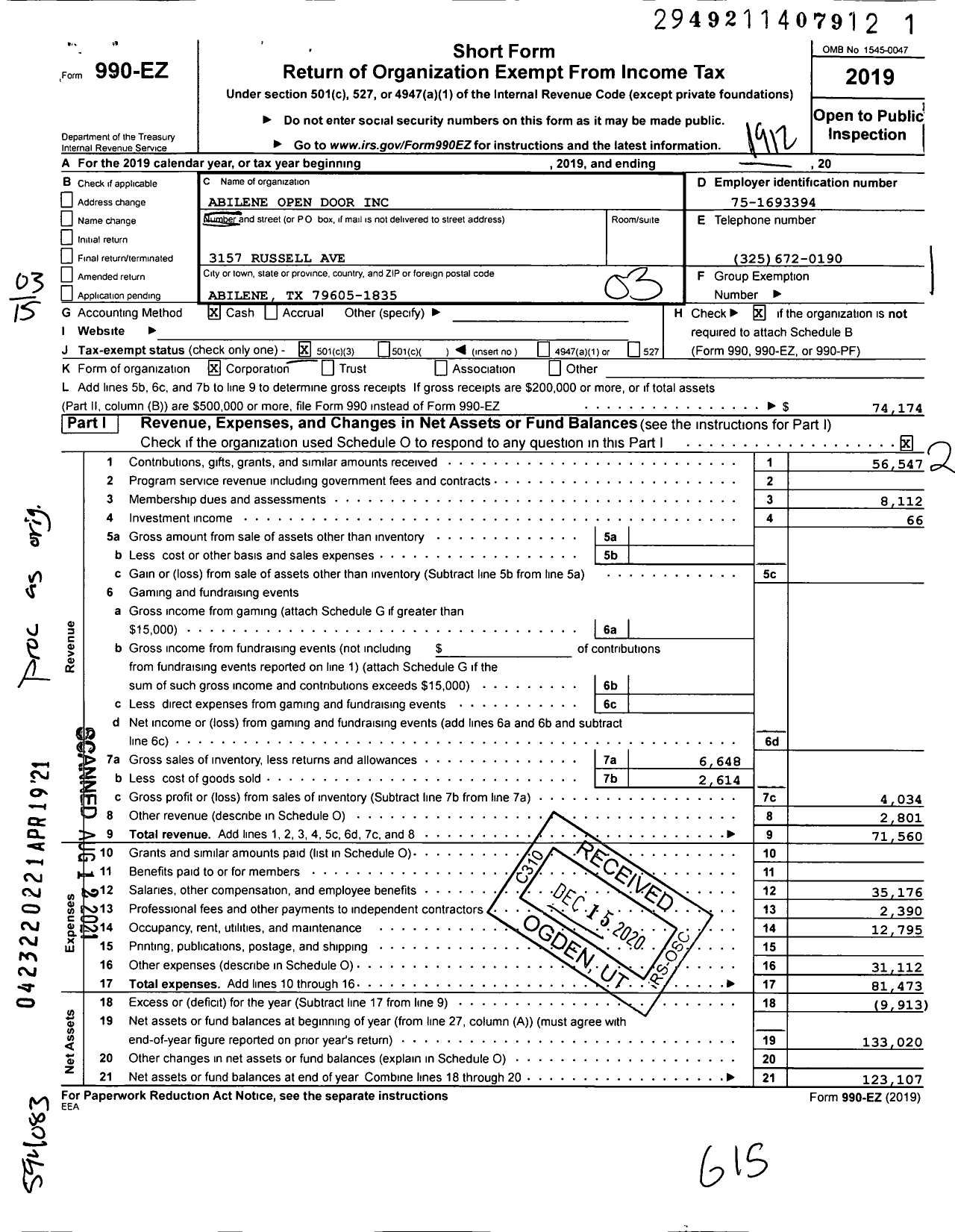 Image of first page of 2019 Form 990EZ for Abilene Open Door