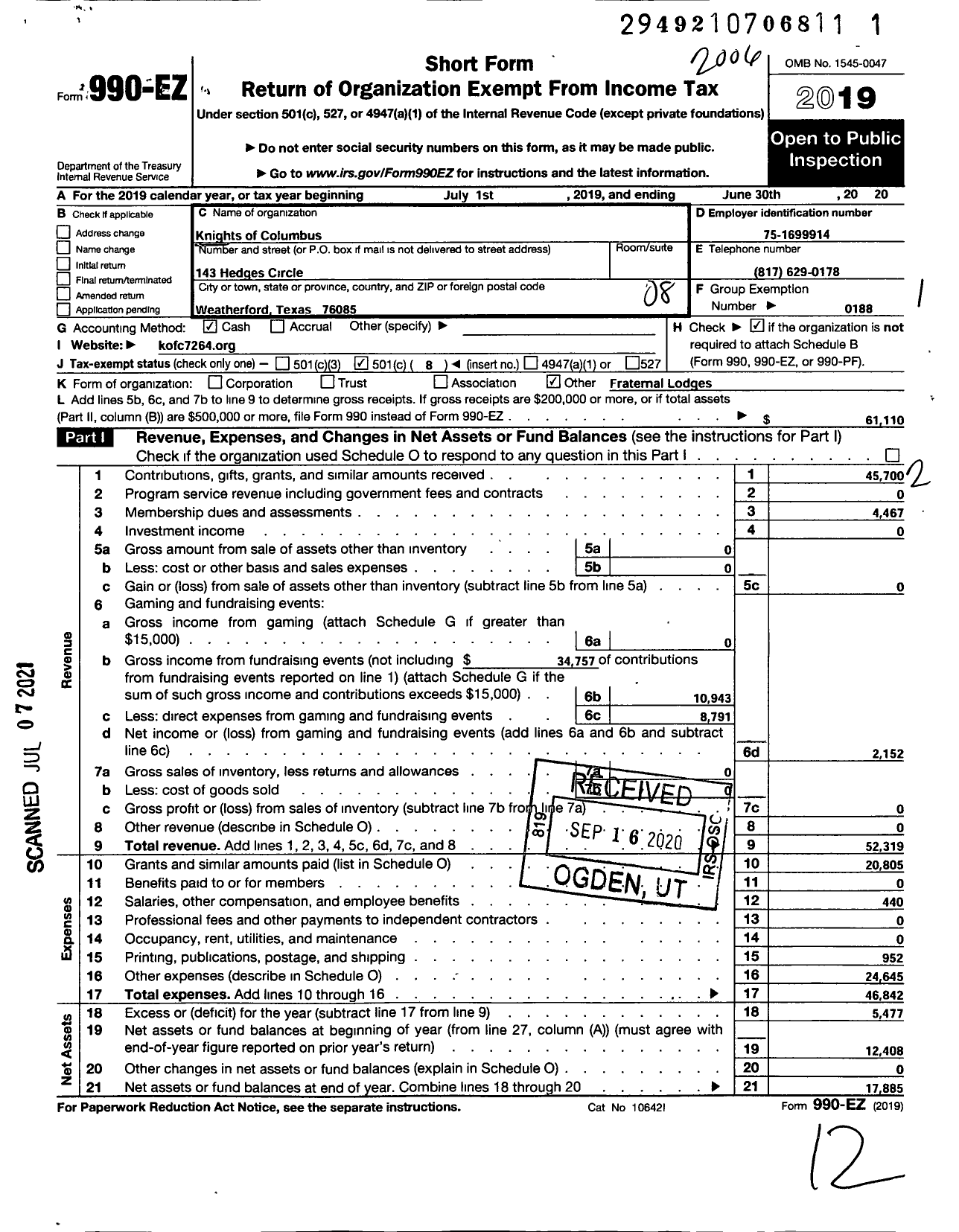 Image of first page of 2019 Form 990EO for Knights of Columbus - 7264 Holy Spirit Council