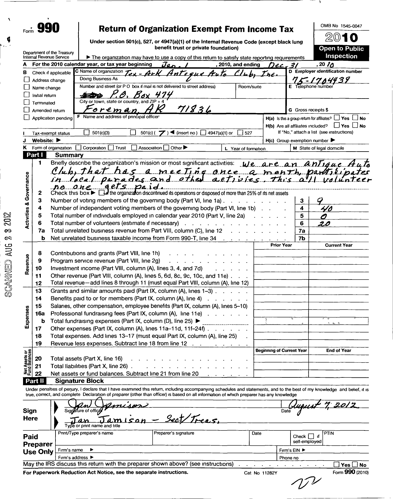 Image of first page of 2010 Form 990O for Tex Ark Antique Auto Club