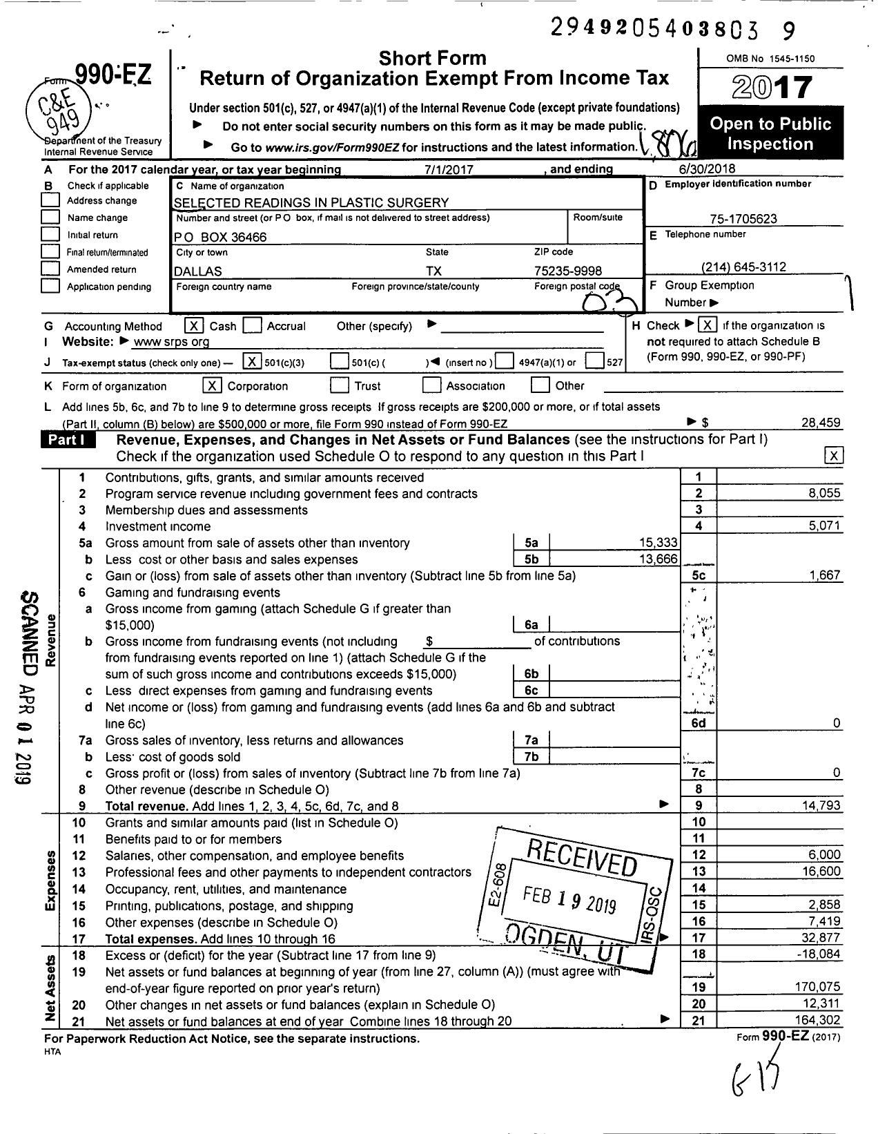 Image of first page of 2017 Form 990EZ for Selected Readings in Plastic Surgery