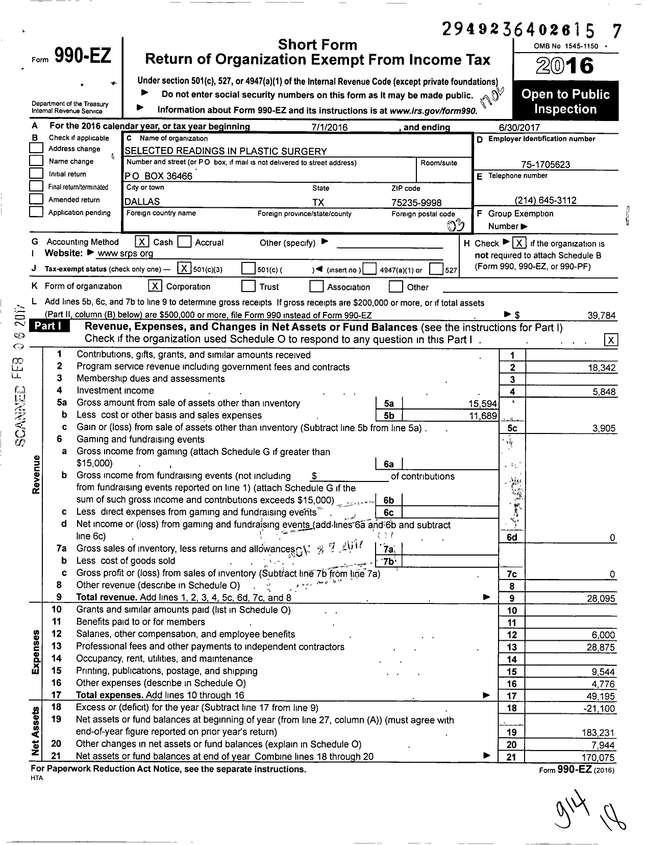 Image of first page of 2016 Form 990EZ for Selected Readings in Plastic Surgery