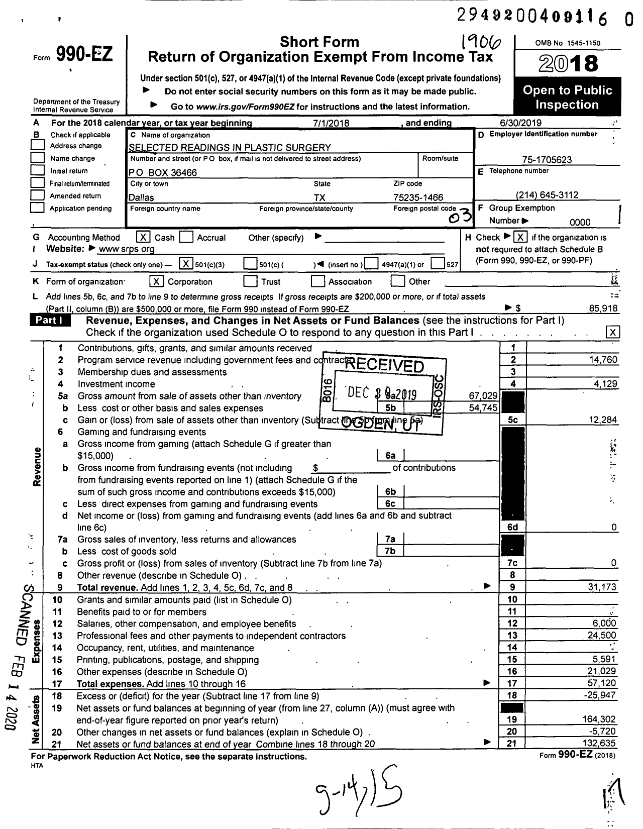 Image of first page of 2018 Form 990EZ for Selected Readings in Plastic Surgery