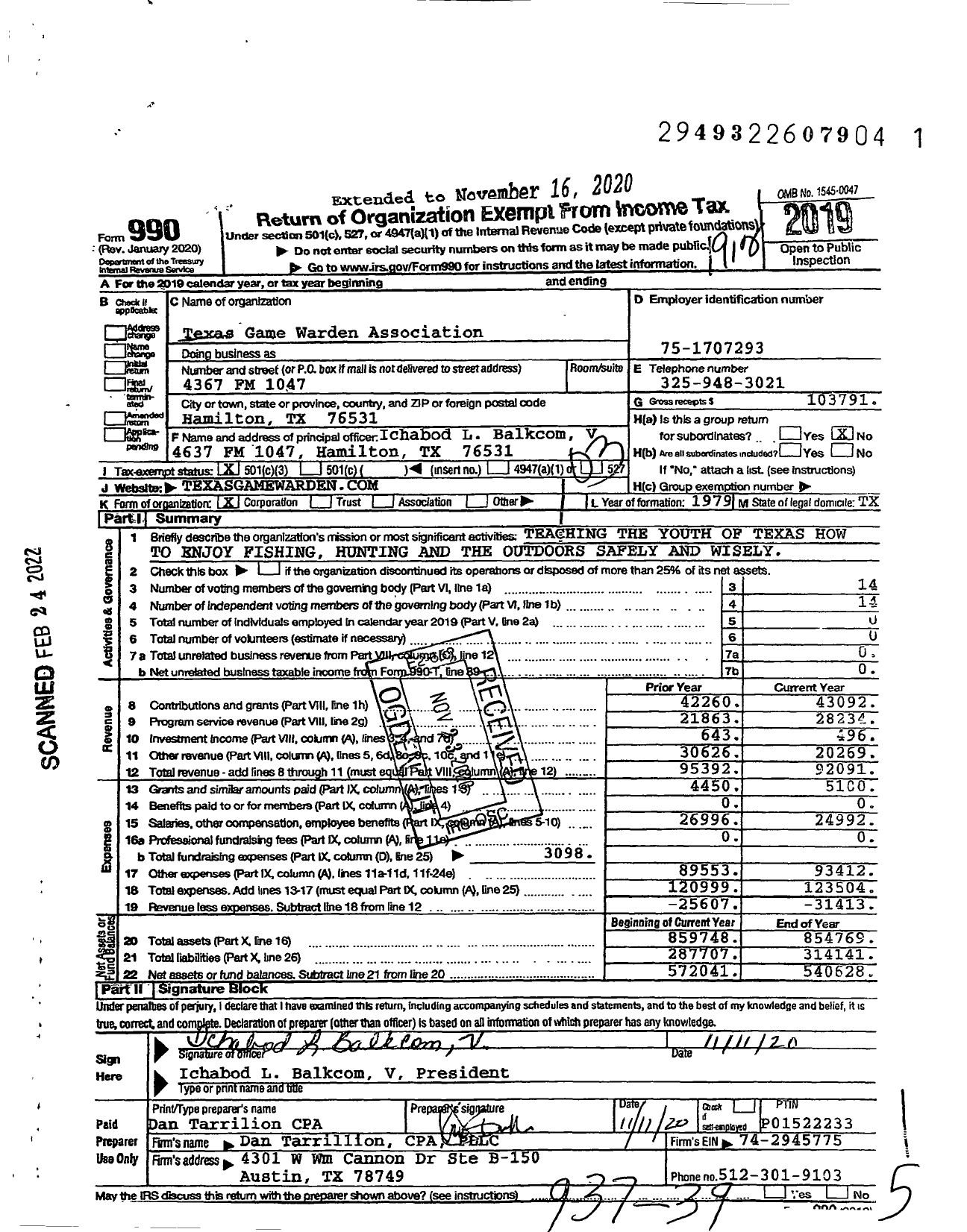 Image of first page of 2019 Form 990 for Texas Game Warden Association