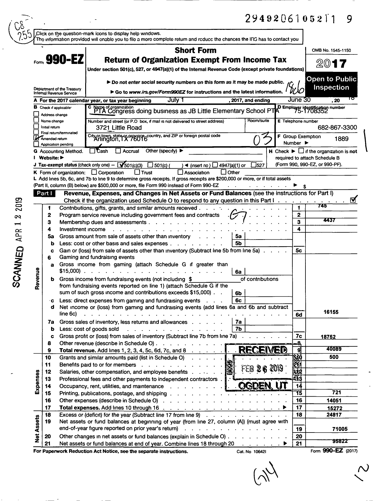 Image of first page of 2017 Form 990EZ for Texas PTA - 504 J B Little Elementary