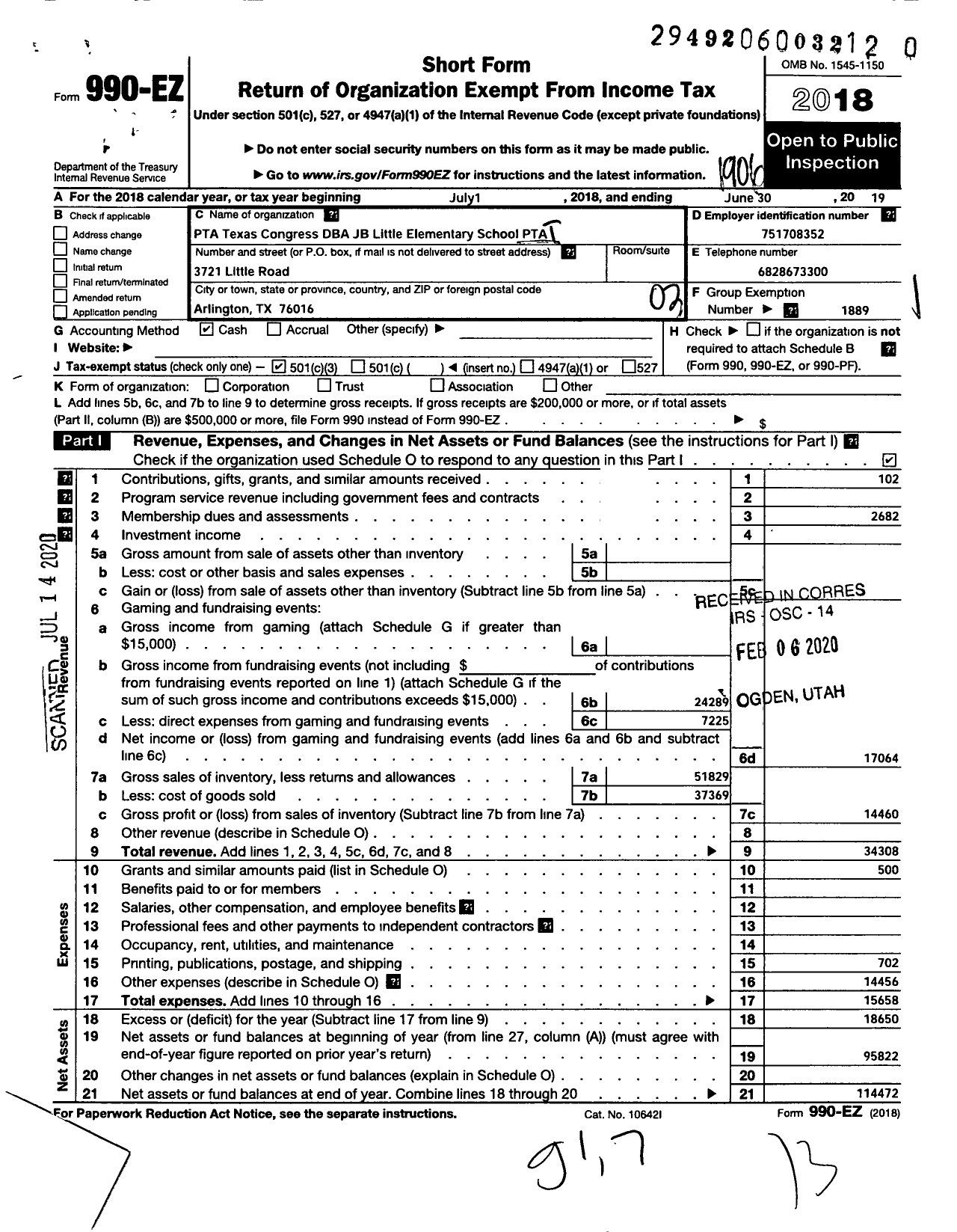 Image of first page of 2018 Form 990EZ for Texas PTA - 504 J B Little Elementary