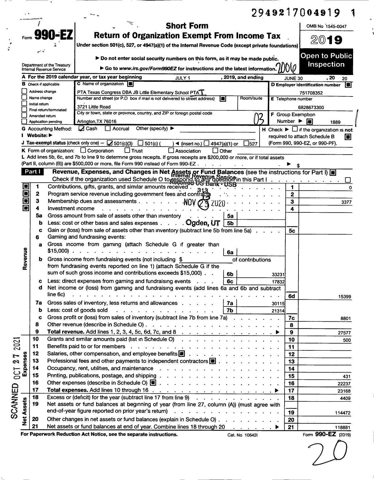 Image of first page of 2019 Form 990EZ for Texas PTA - 504 J B Little Elementary